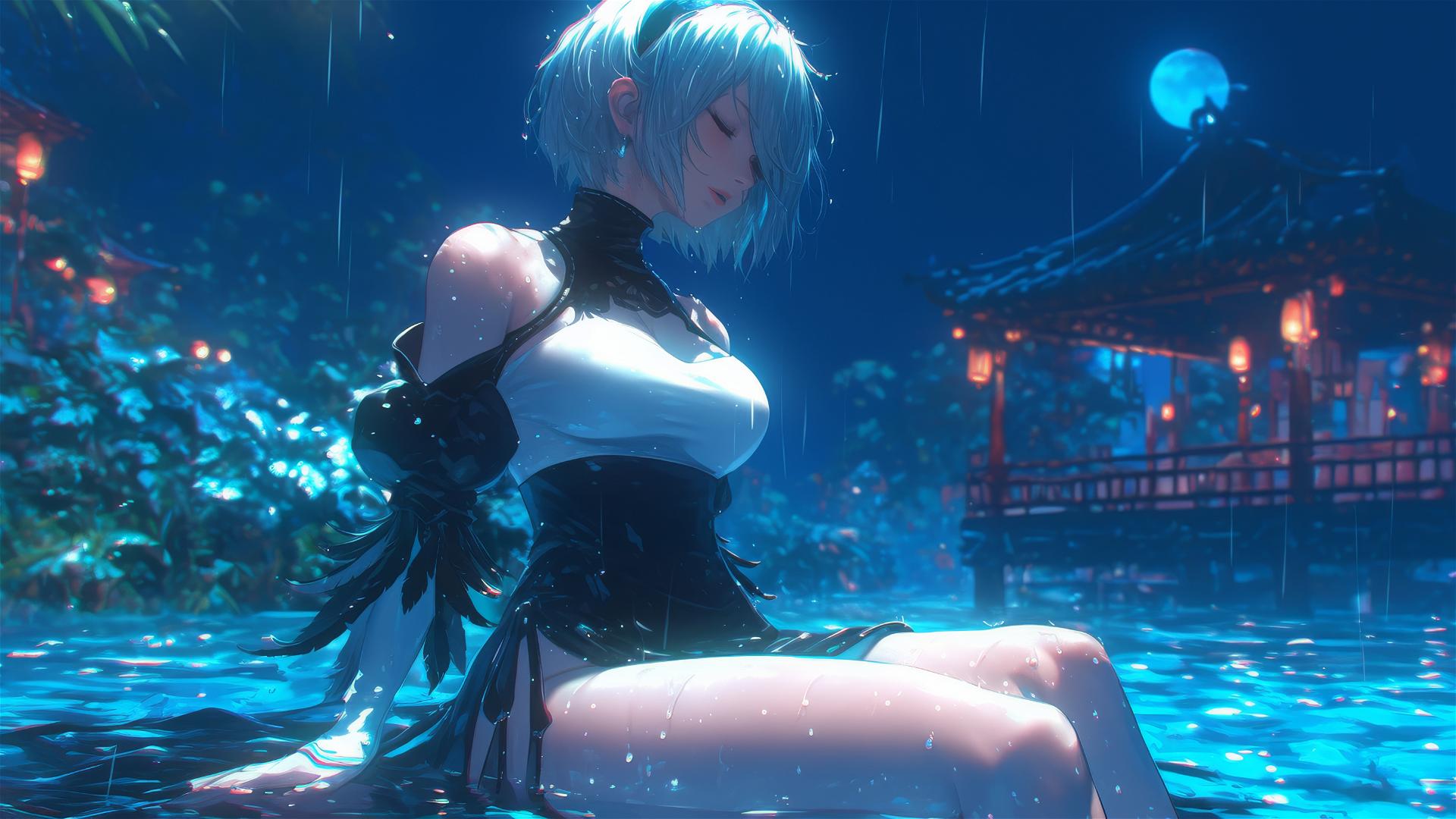 2B from Nier dressed in white, sitting relaxed by a rainy swimming pool with moonlight.