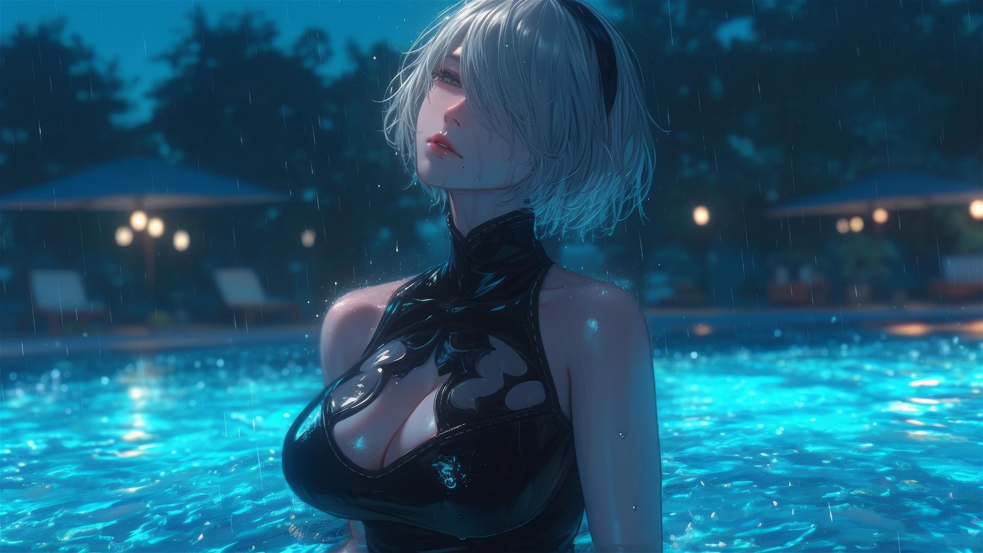 2B from Nier relaxing in casual attire by a moonlit rainy pool
