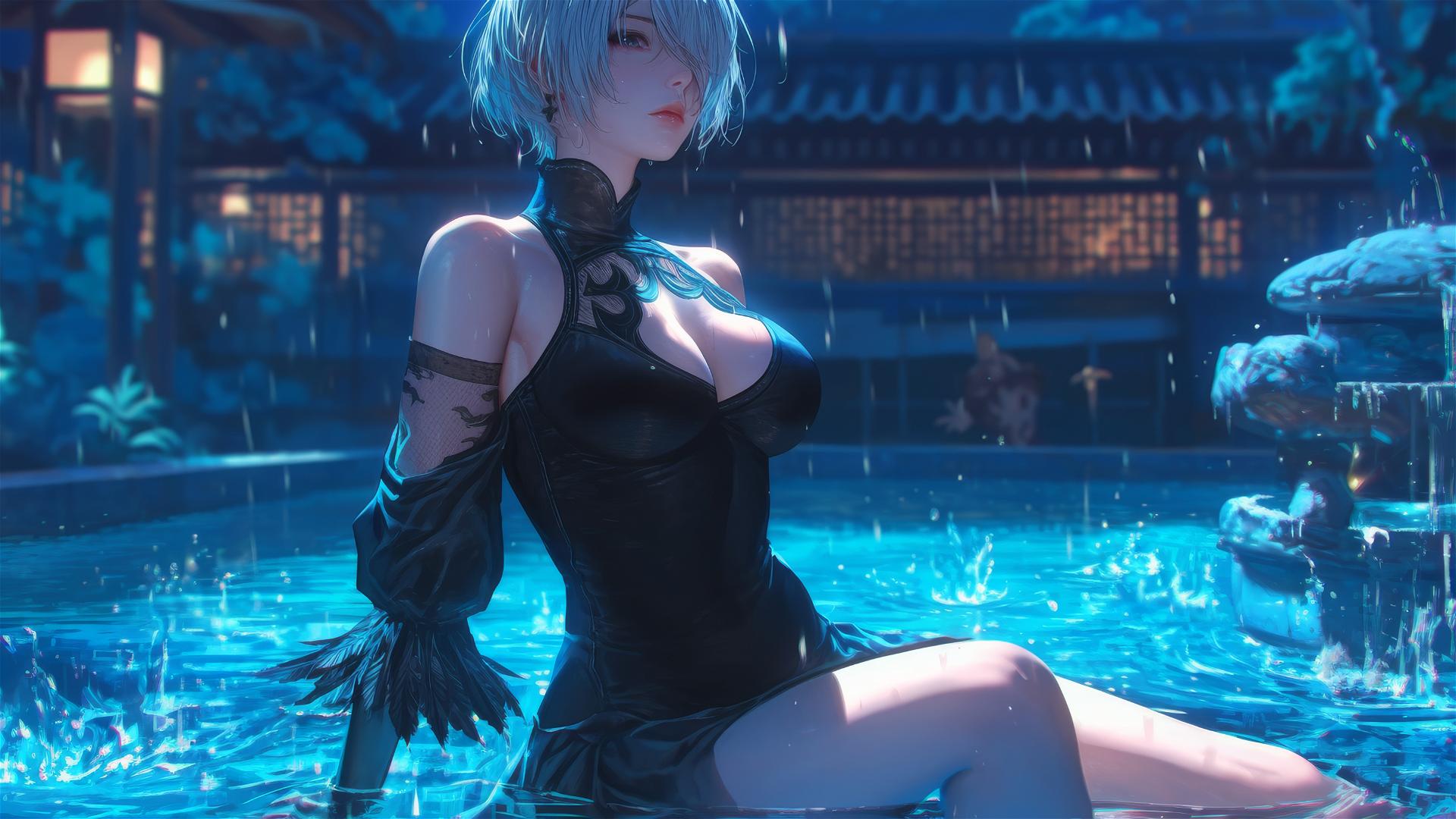 2B from Nier in casual attire sitting relaxed by a rainy pool under moonlight