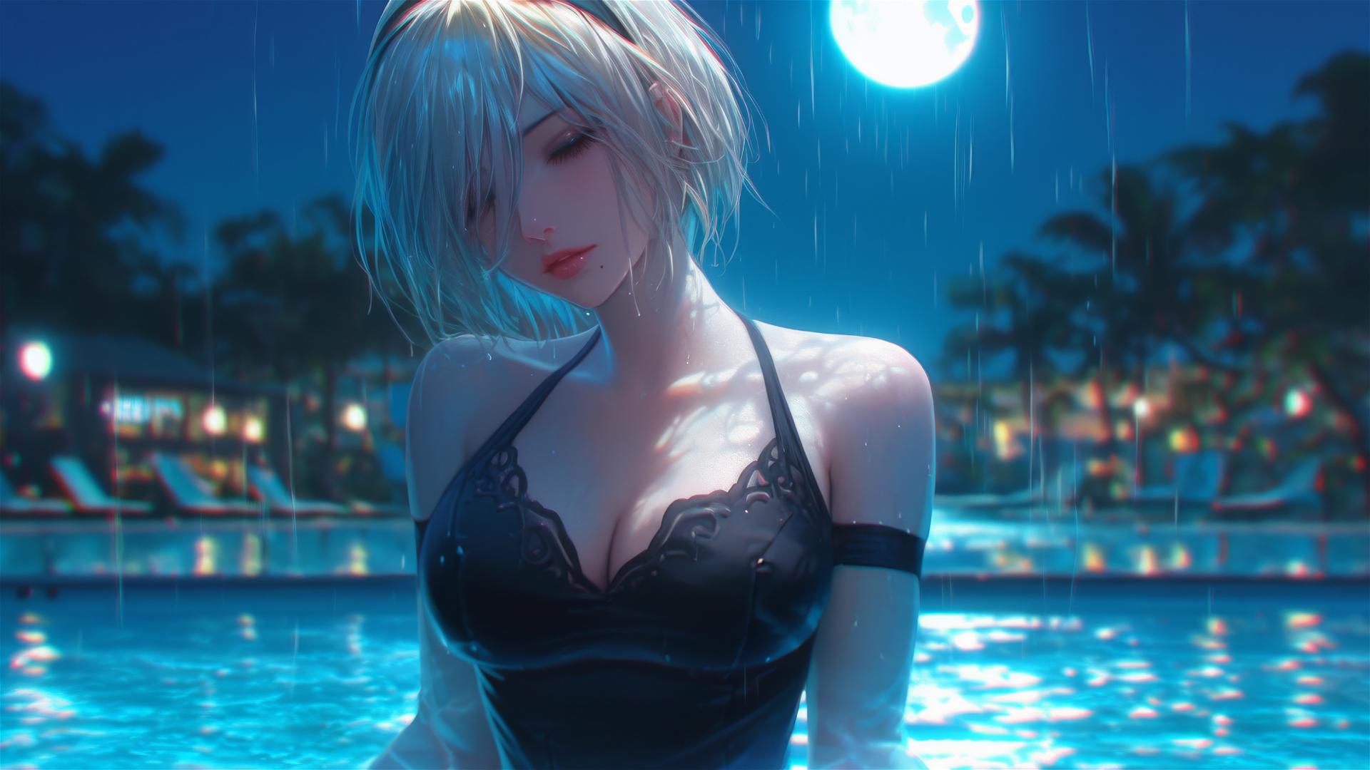2B from Nier in casual attire, sitting by a rainy pool under moonlight.