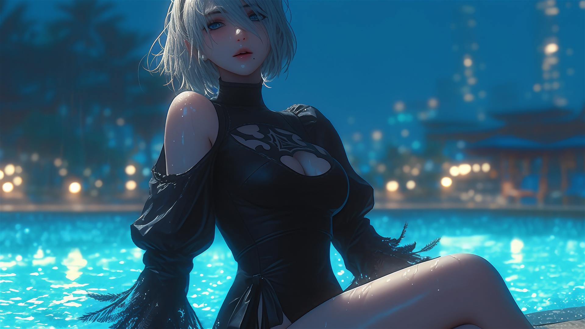 2B from Nier in casual attire sitting relaxed by a rainy swimming pool under moonlight