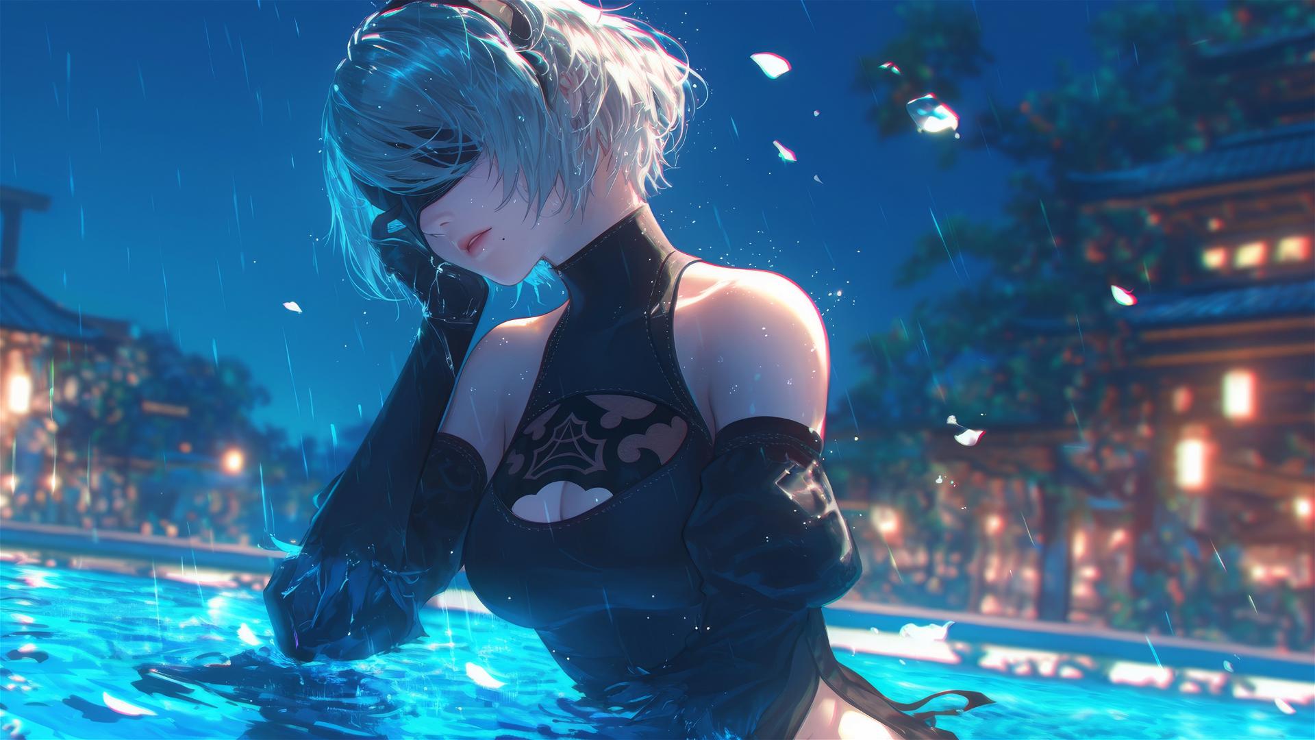 2B from Nier in casual clothes relaxing by a rainy pool under moonlight