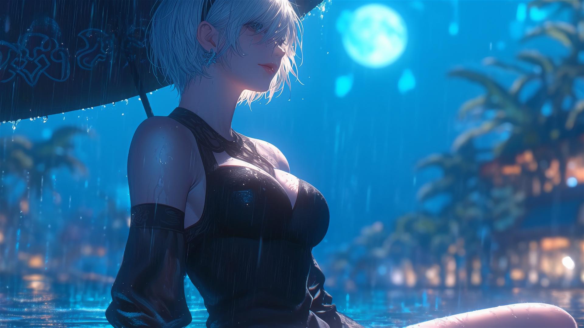 2B from Nier resting casually at a moonlit rainy pool