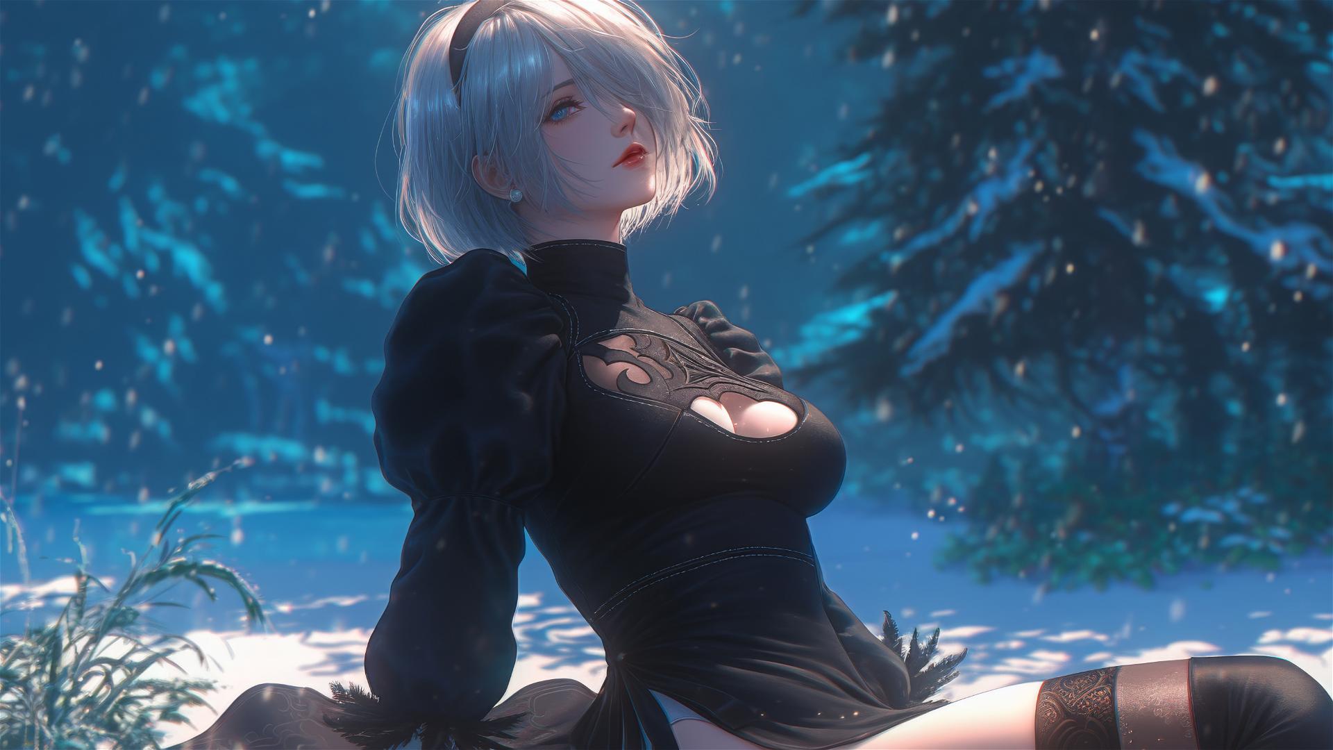 2B from Nier sitting by a rainy swimming pool under moonlight.