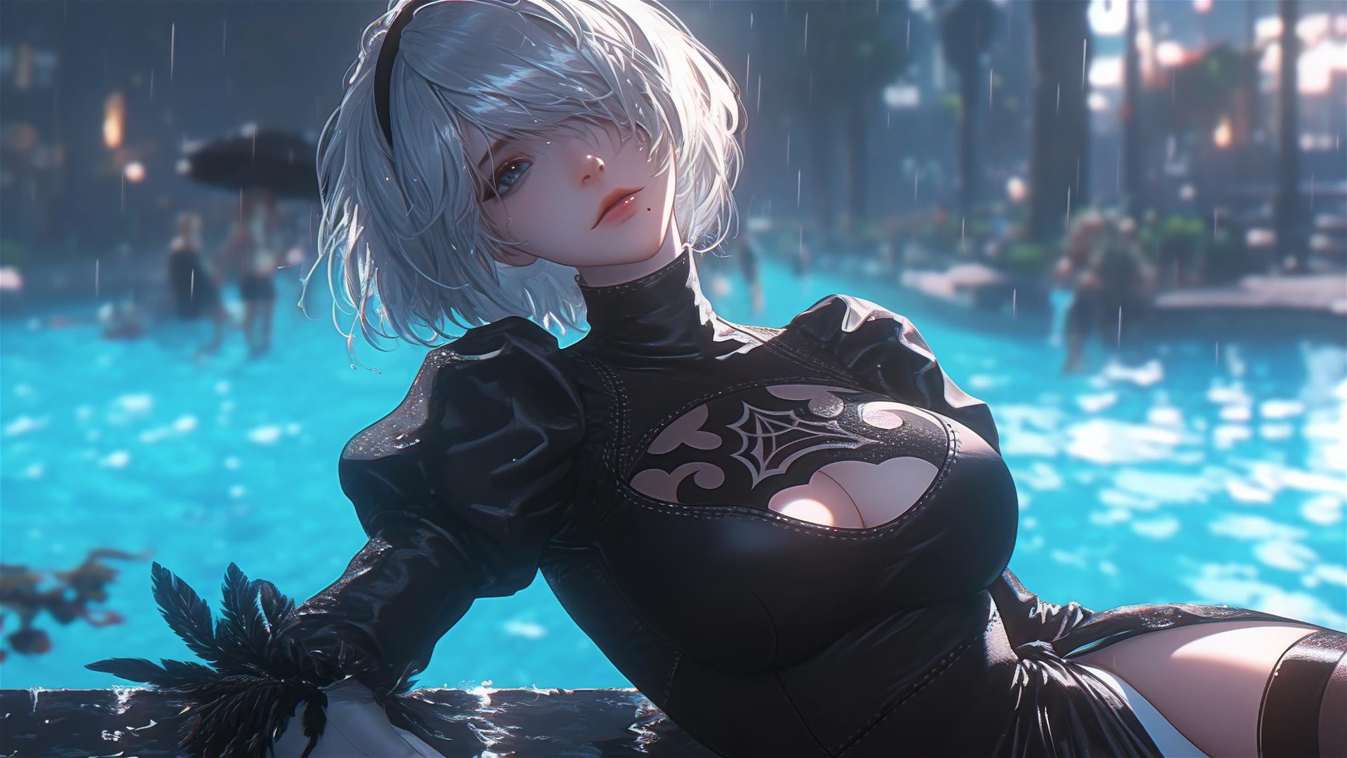 2B from Nier in casual attire sitting by a rainy swimming pool illuminated by moonlight.