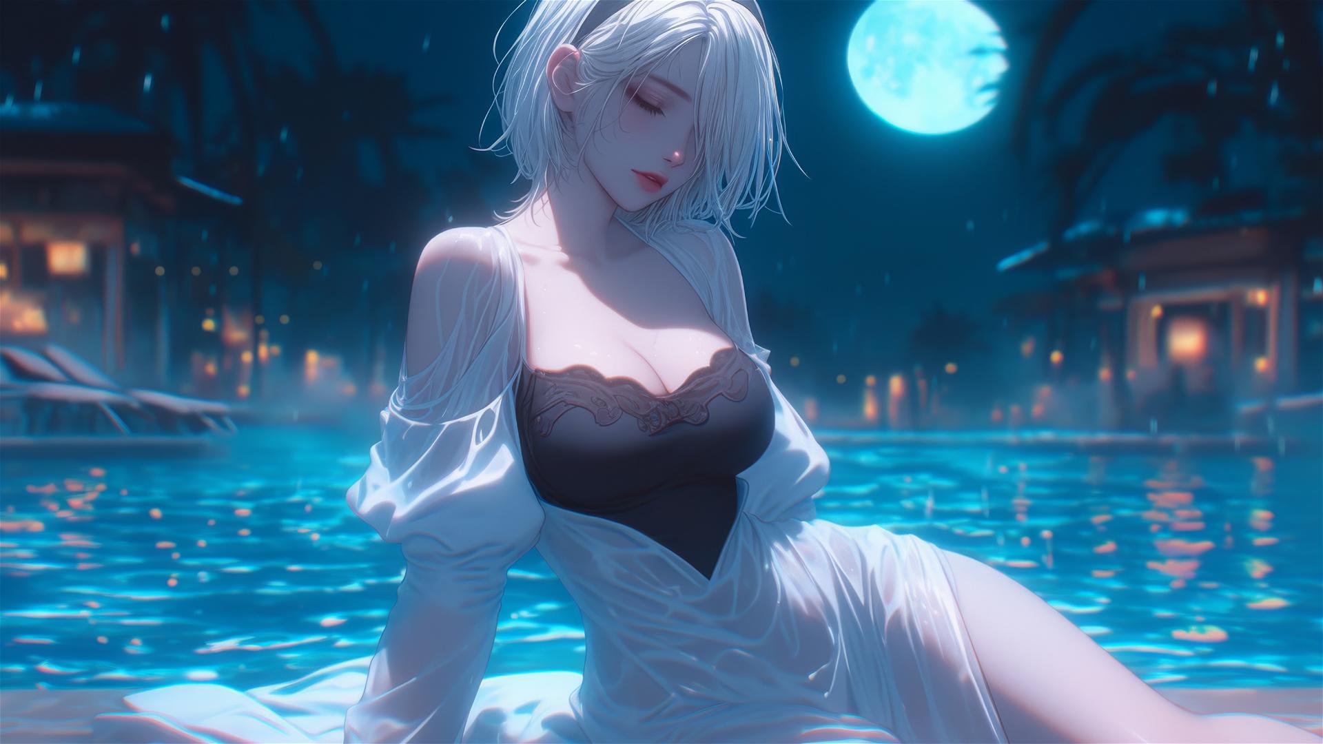2B in white clothes resting by a rainy pool under moonlight