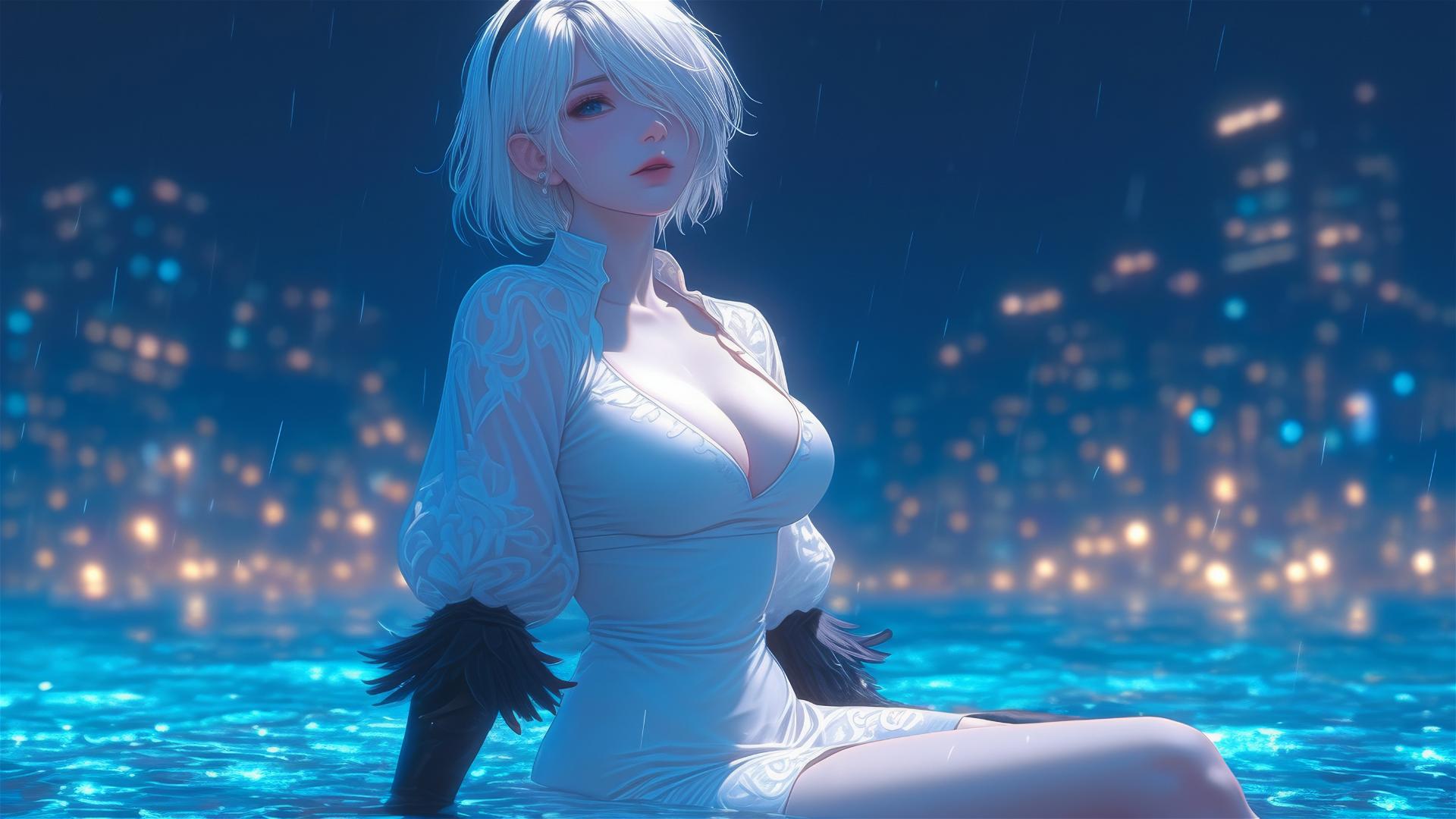 2B from Nier in casual white clothing sitting by a rainy pool with moonlight.