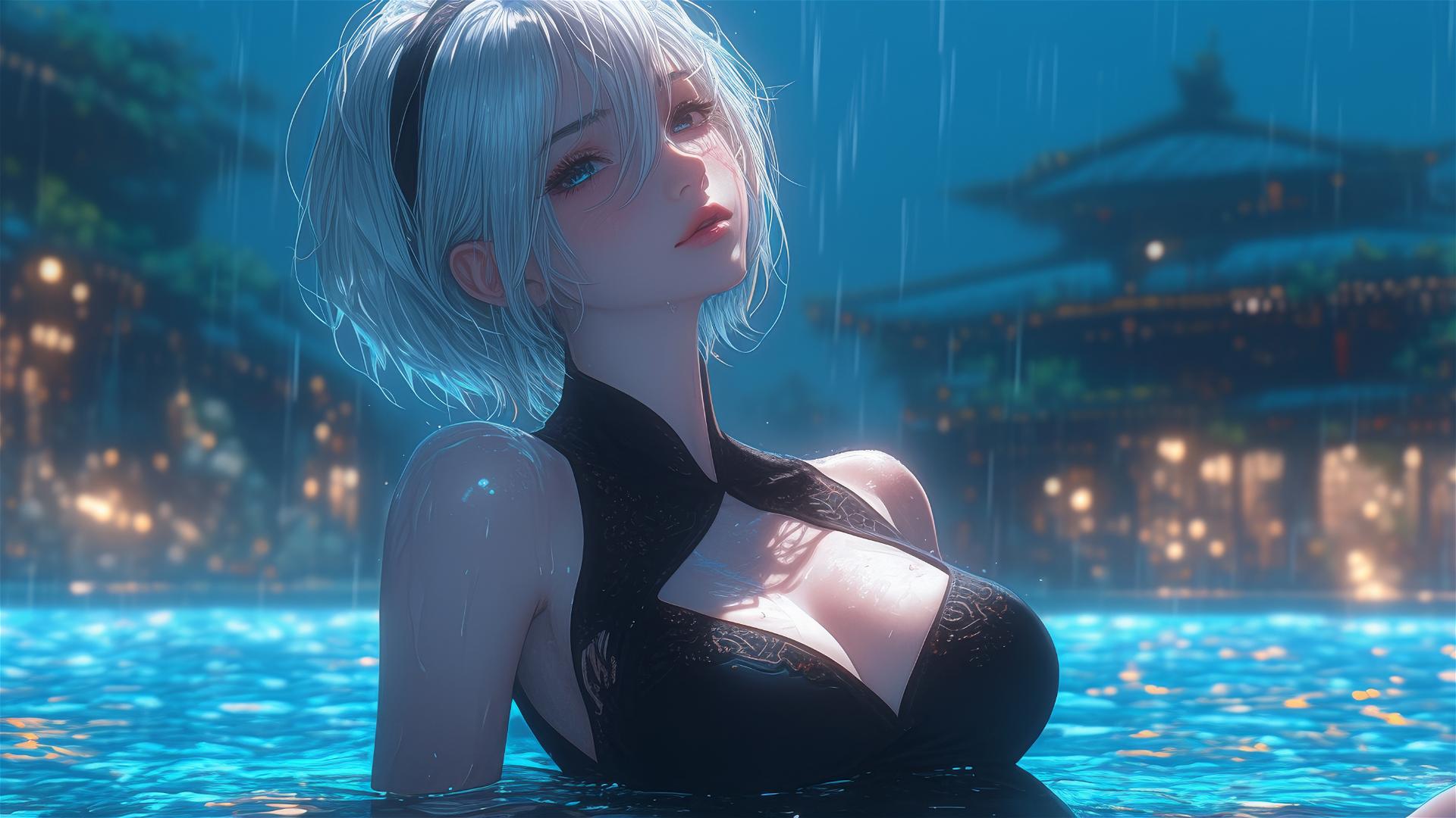 2B from Nier in casual attire, relaxing by a rainy swimming pool with moonlight