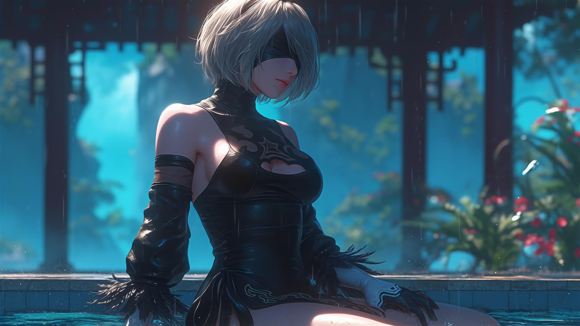 2B from Nier in casual attire, sitting relaxed by a rainy pool, moonlight glowing.