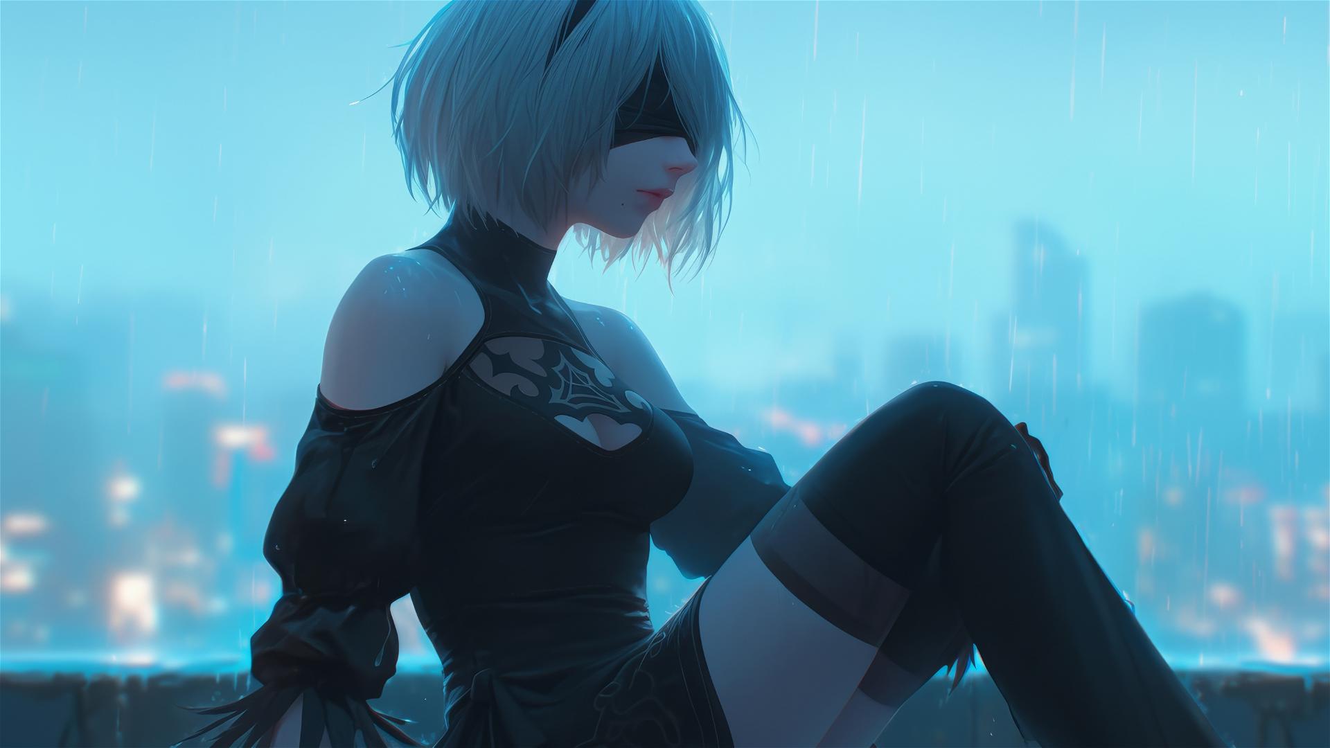 2B from Nier in casual attire at a rainy pool under moonlight
