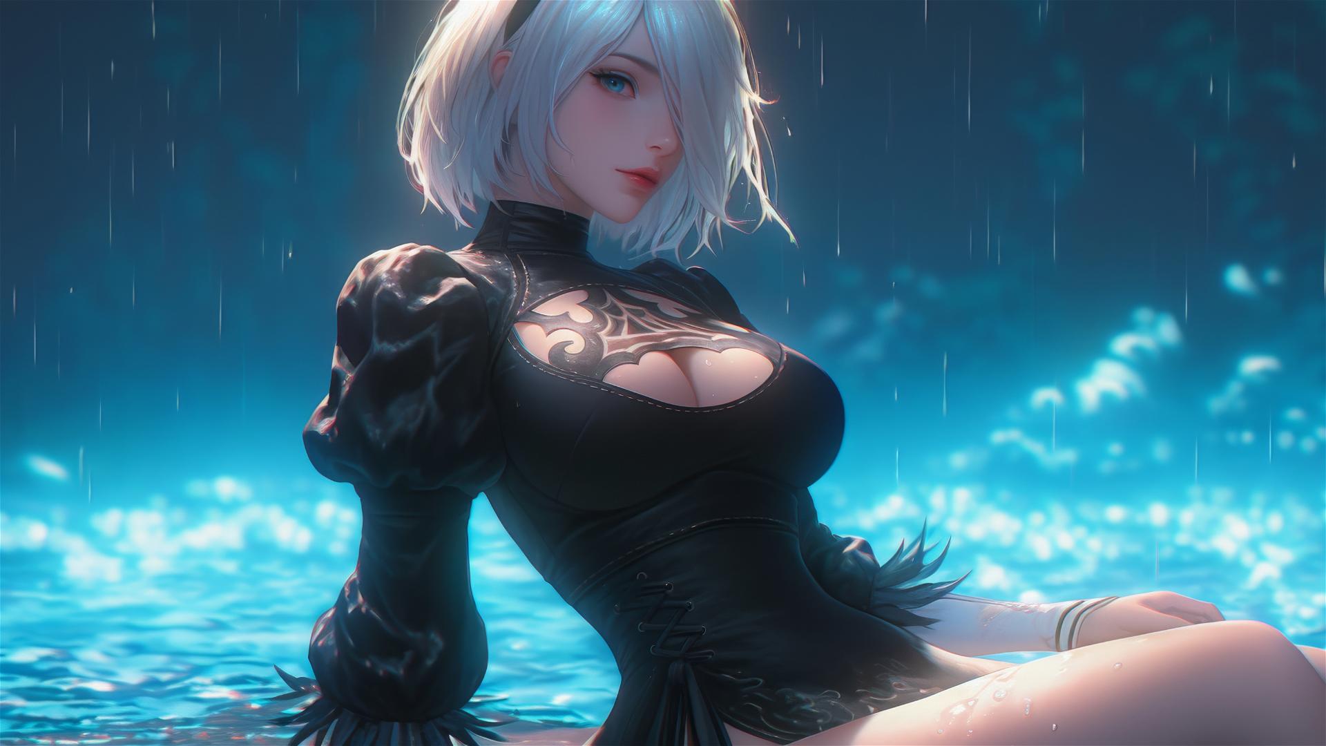 2B from Nier in casual attire relaxing at a rainy pool under moonlight