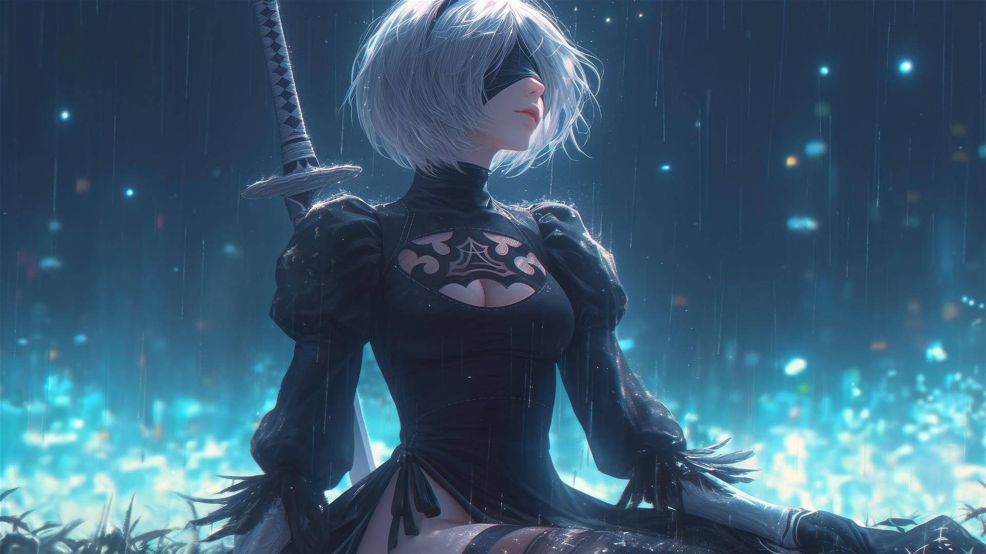 2B from Nier in casual attire relaxing at a rainy swimming pool under moonlight.