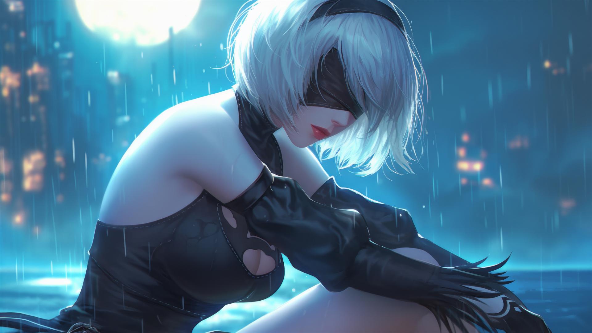 2B from Nier sitting by a rainy swimming pool under moonlight