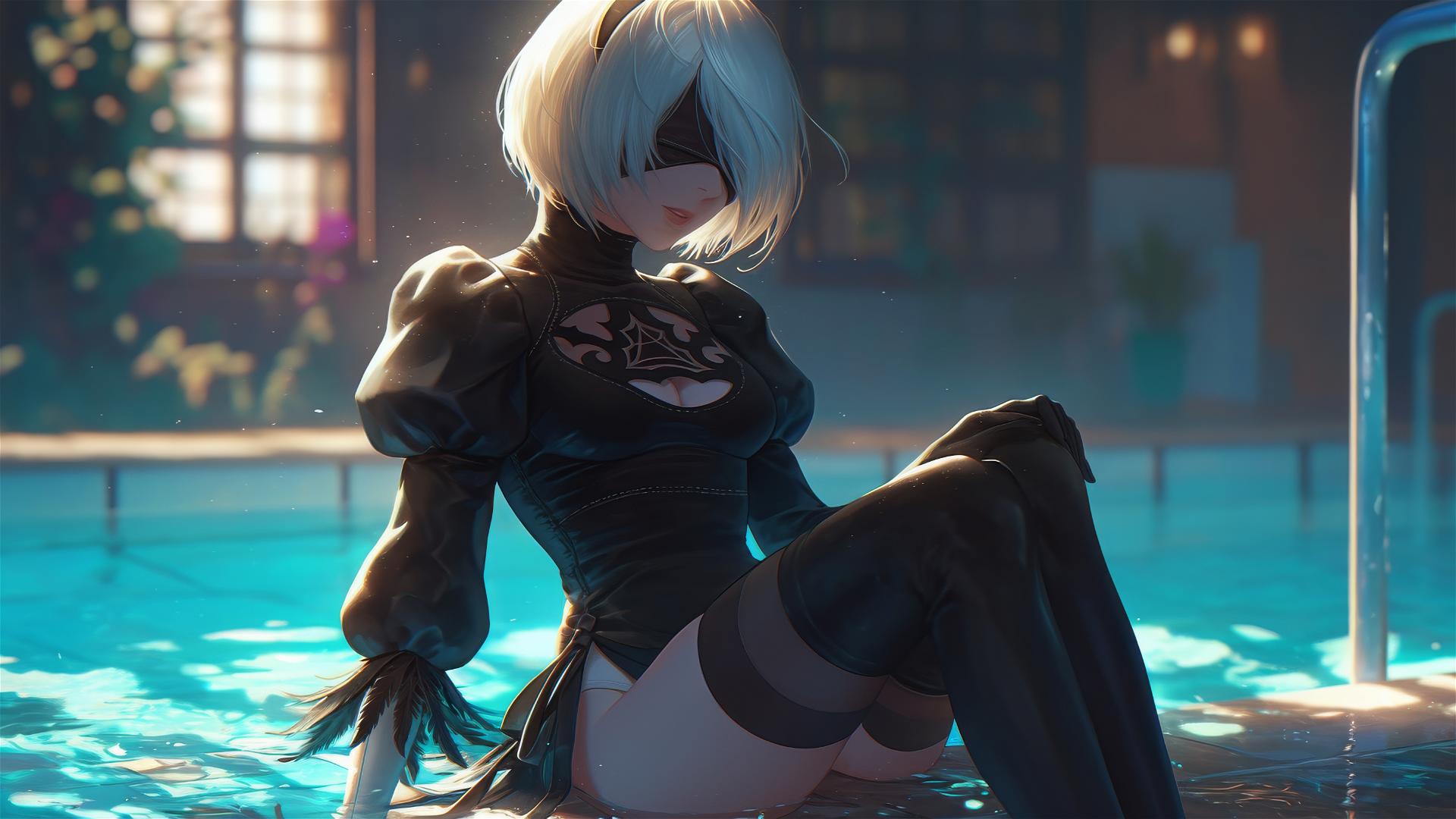 2B from Nier sitting by a rainy pool under moonlight