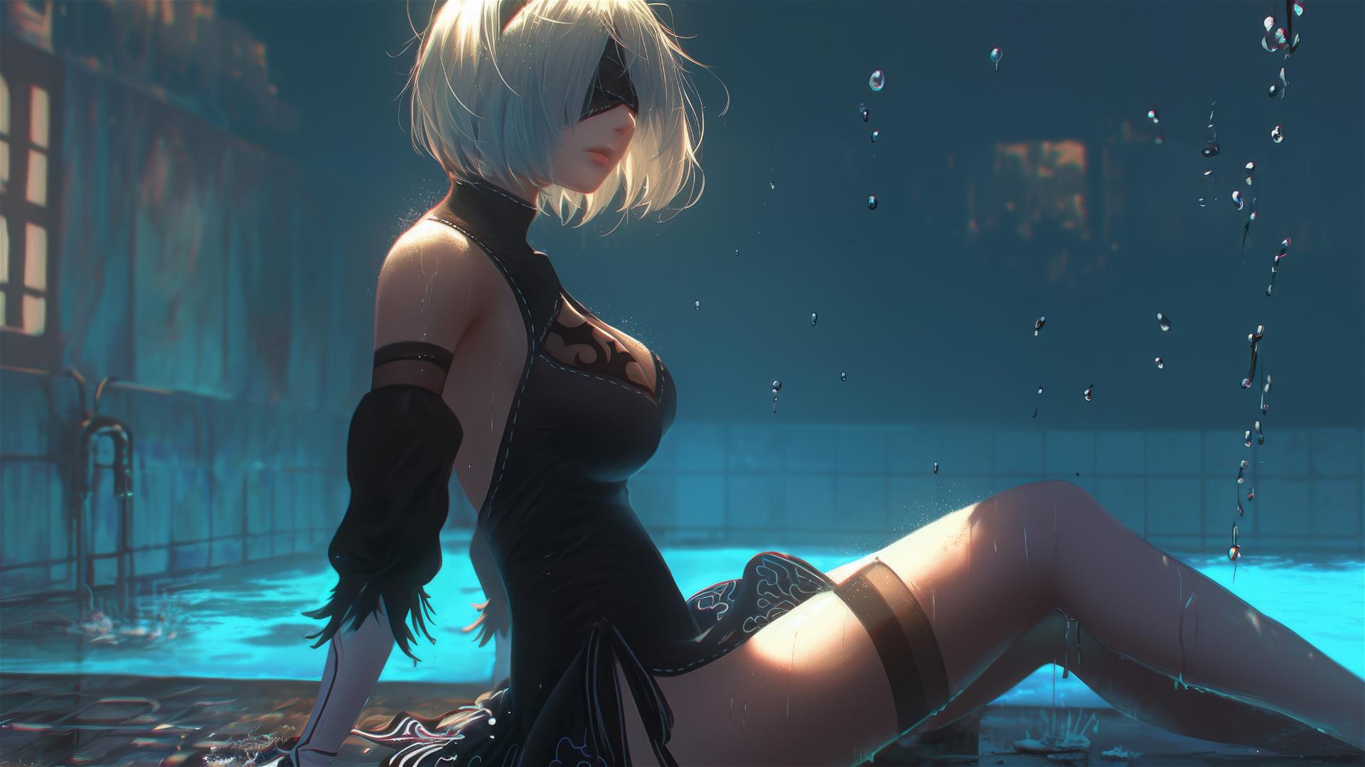 2B from Nier sits at rainy pool, moonlight casting glow on her figure.