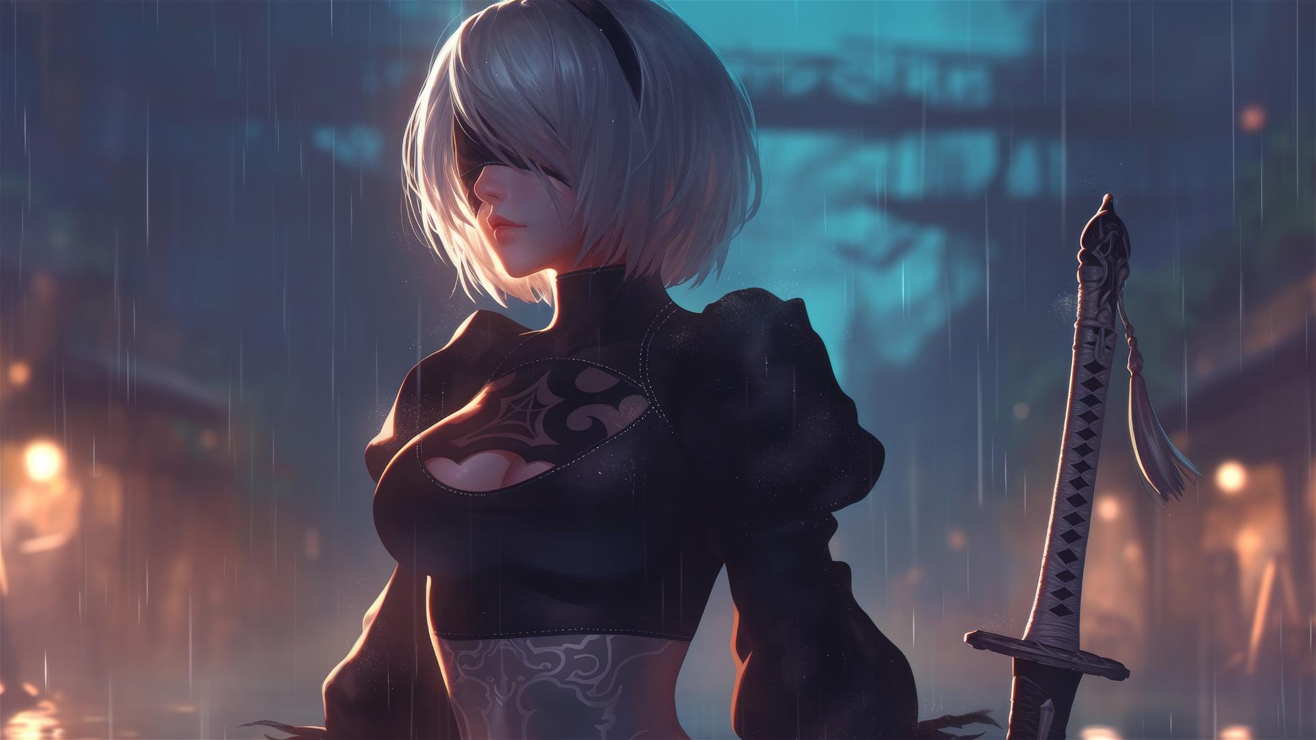 2B from Nier stands by a rainy swimming pool under soft moonlight.