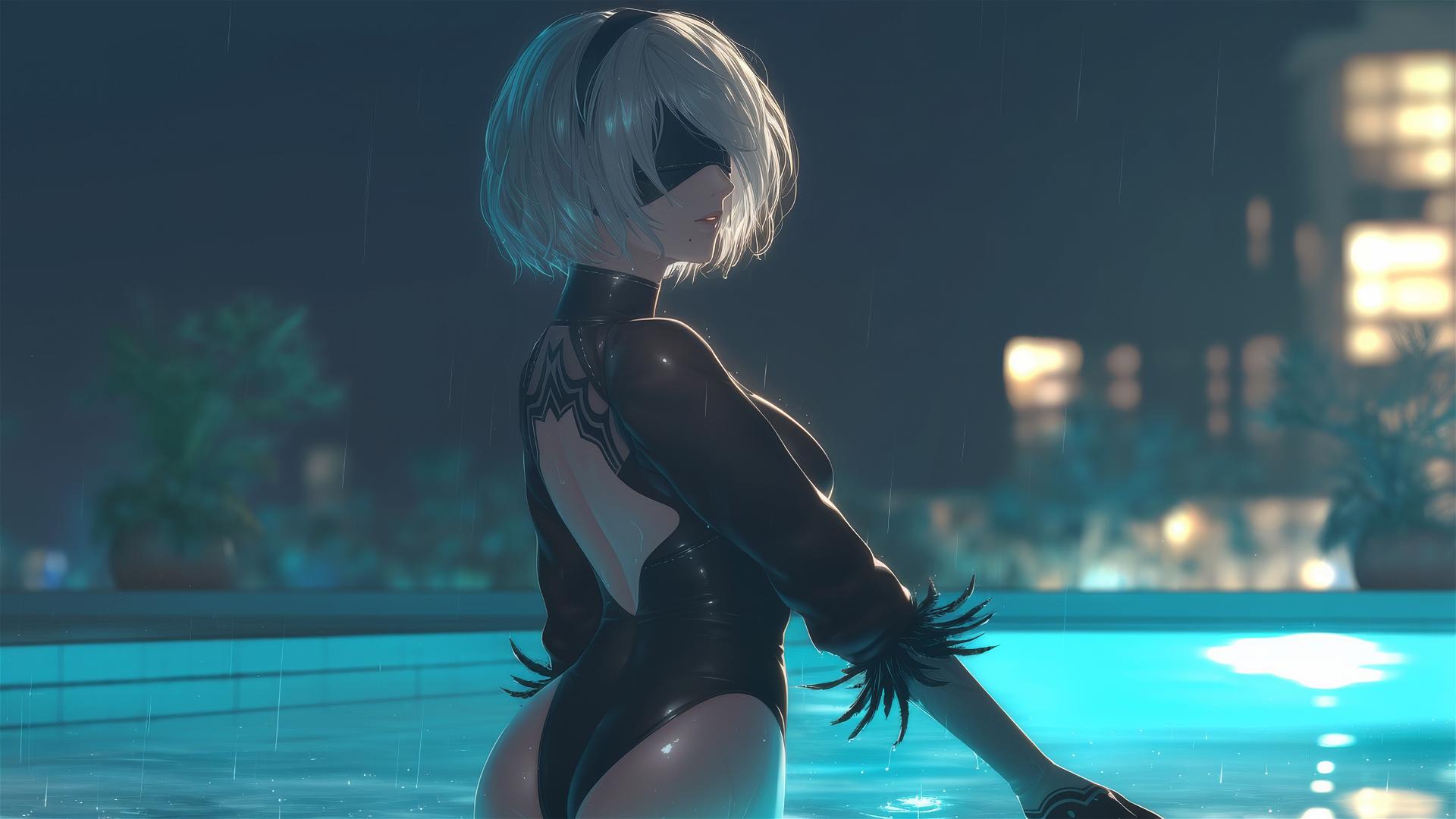 2B from Nier standing by a rainy swimming pool under moonlight