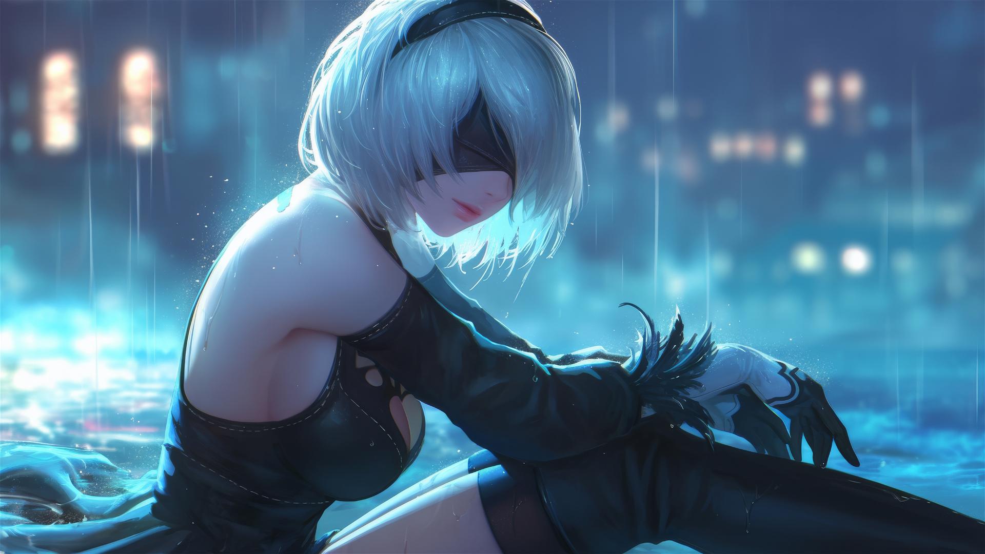 2B from Nier sitting by a rainy swimming pool with moonlight glow.