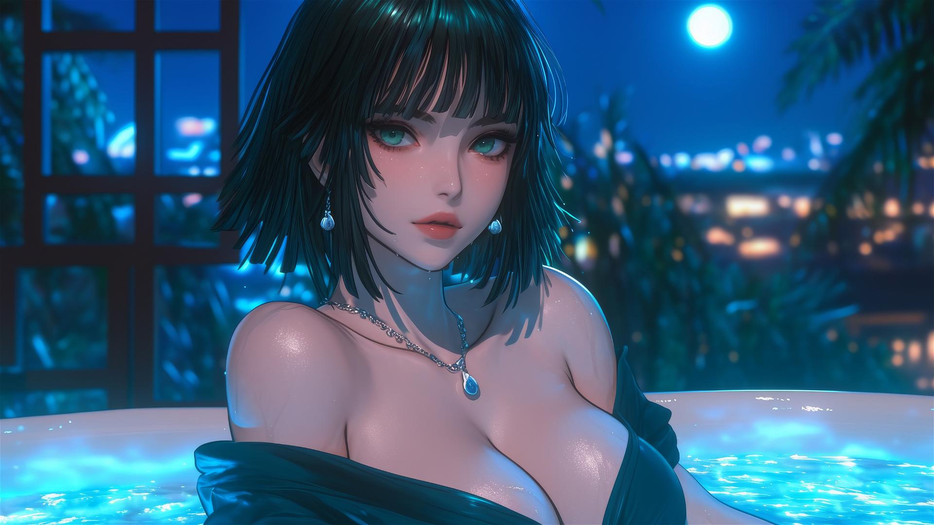 Fubuki rests in a tub under moonlight, dark green bobbed hair and light green eyes