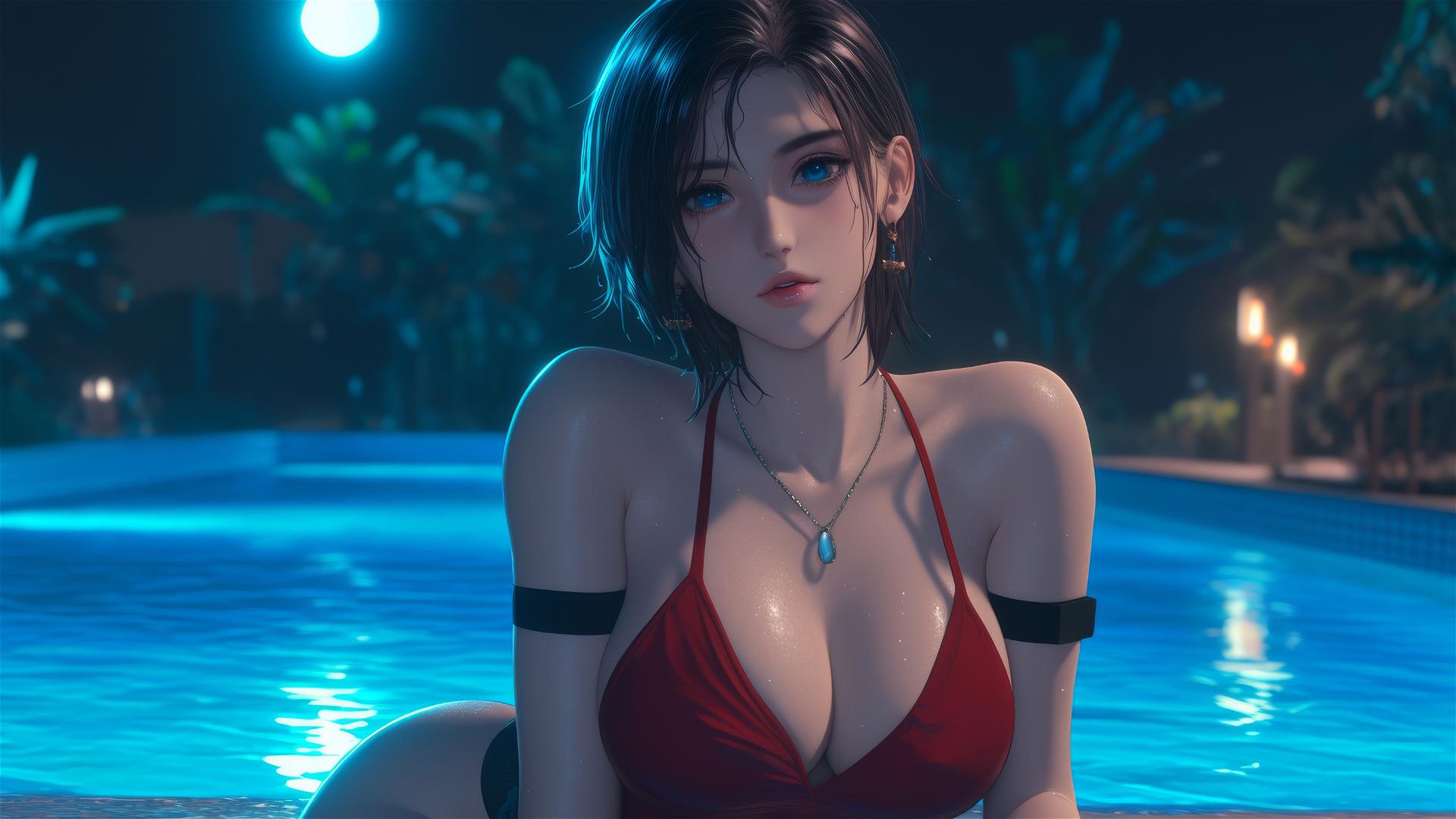 Ada Wong from Resident Evil resting by a rainy swimming pool at night.
