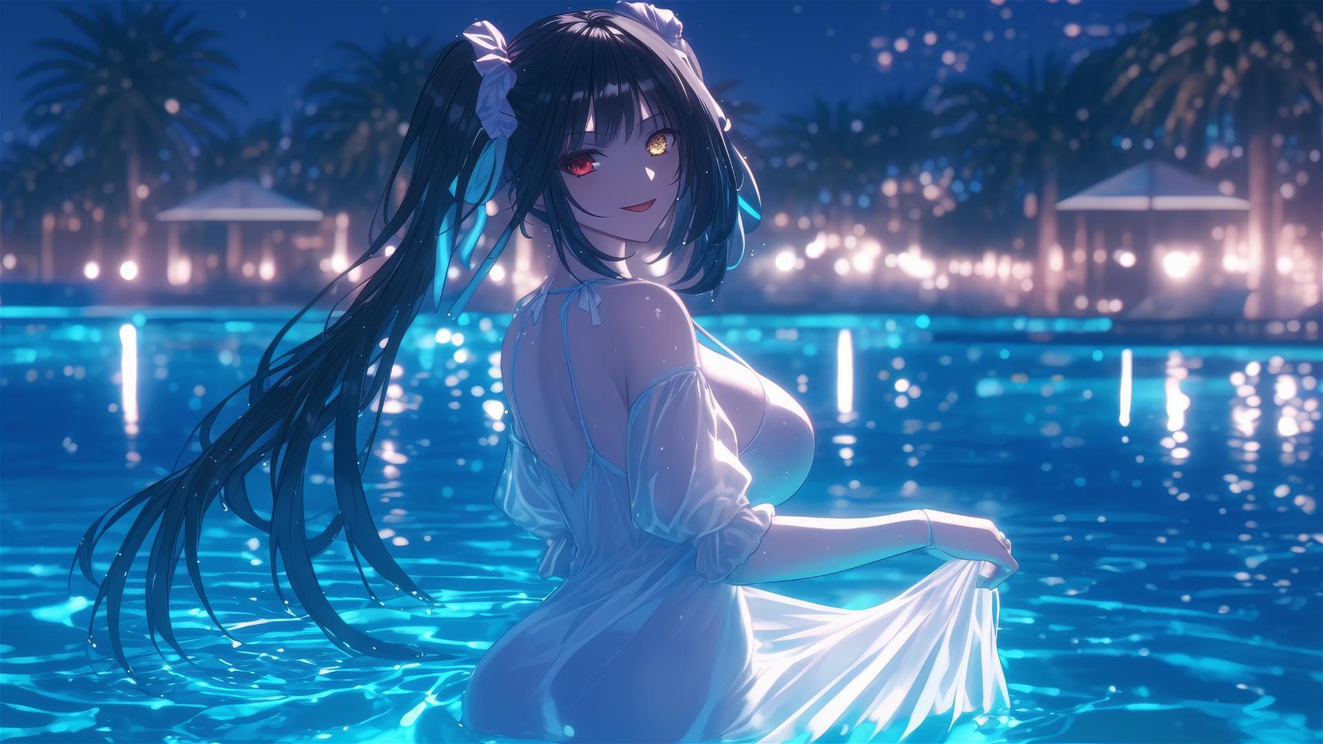 Kurumi Tokisaki, dressed in white, under moonlight in a rainy pool