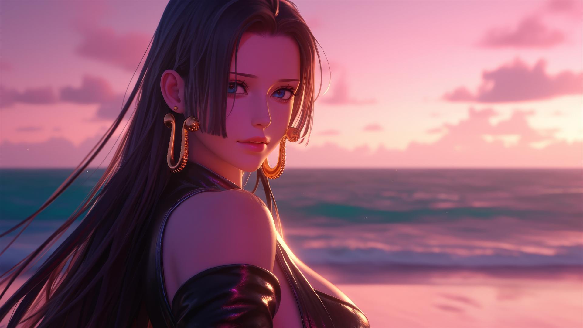 Boa Hancock striding on a beach at sunset, in a black and pink leather outfit with gold earrings, against a neon pink sky.