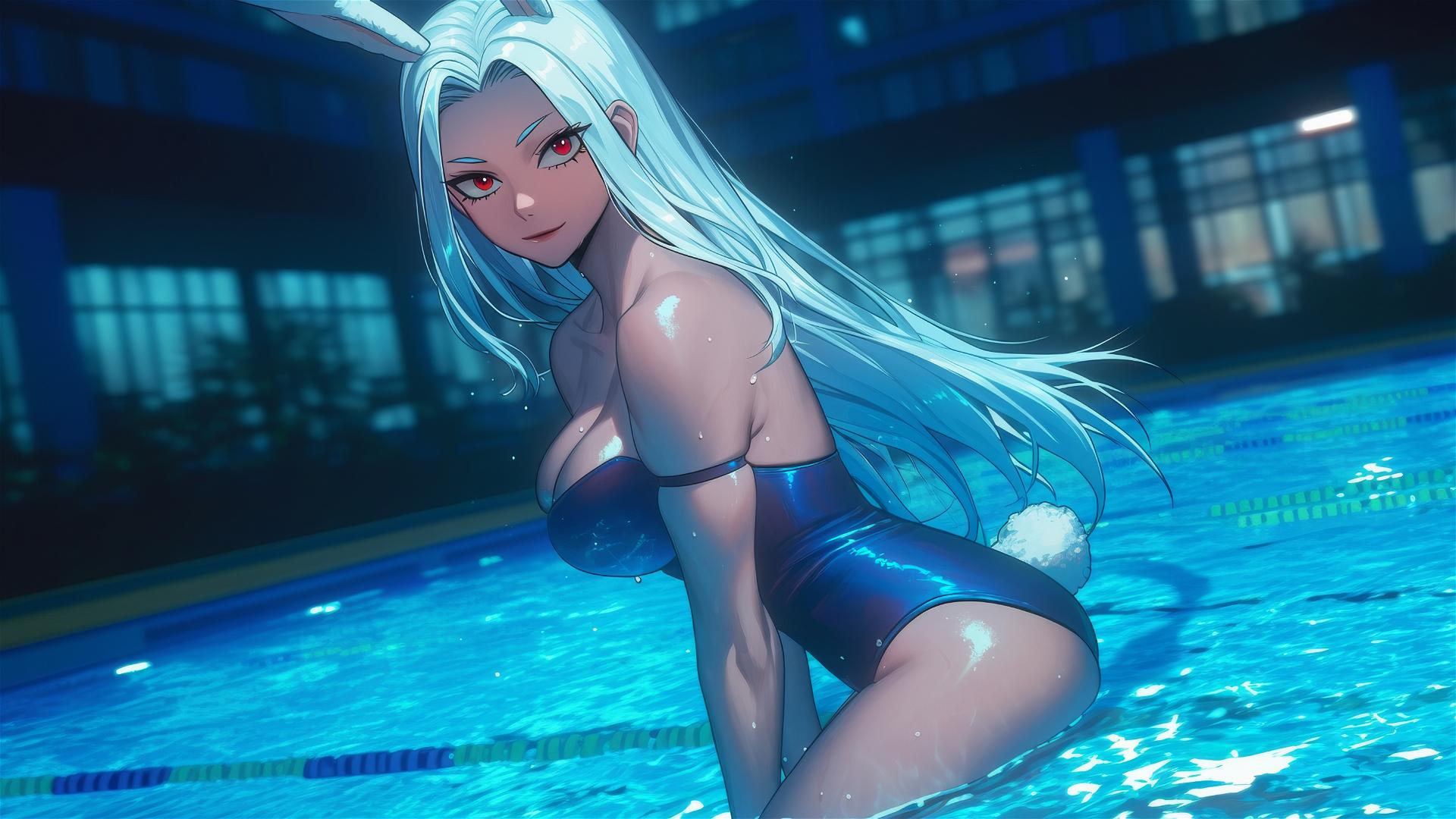 Mirko from My Hero Academia jumping, moonlit glow on her muscular figure and rabbit-like features.