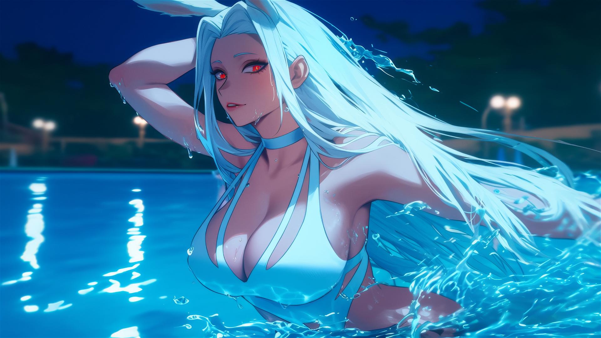 Mirko from My Hero Academia jumps from a pool under moonlight