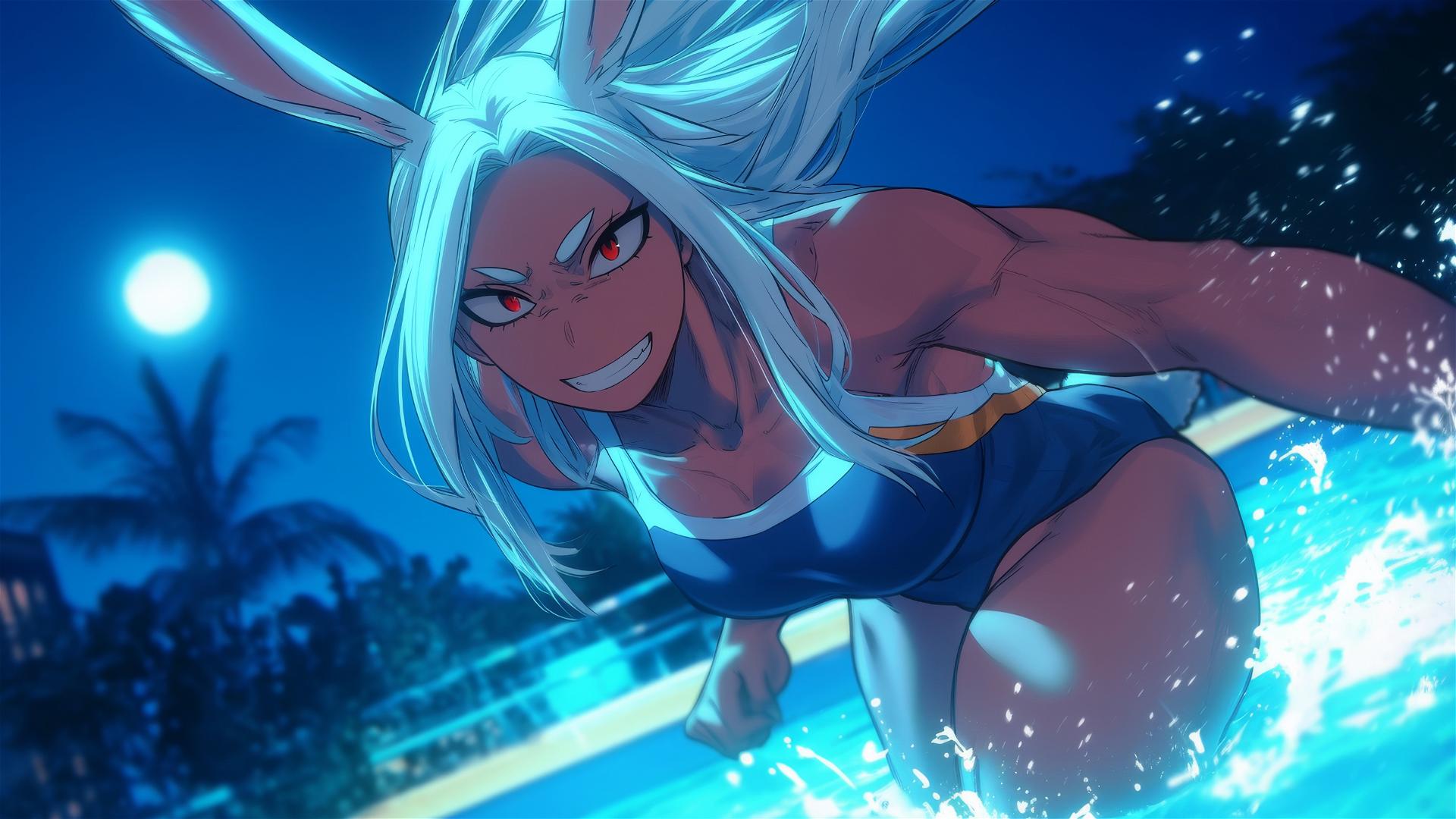 Mirko from My Hero Academia jumping in moonlight, resembling an albino rabbit