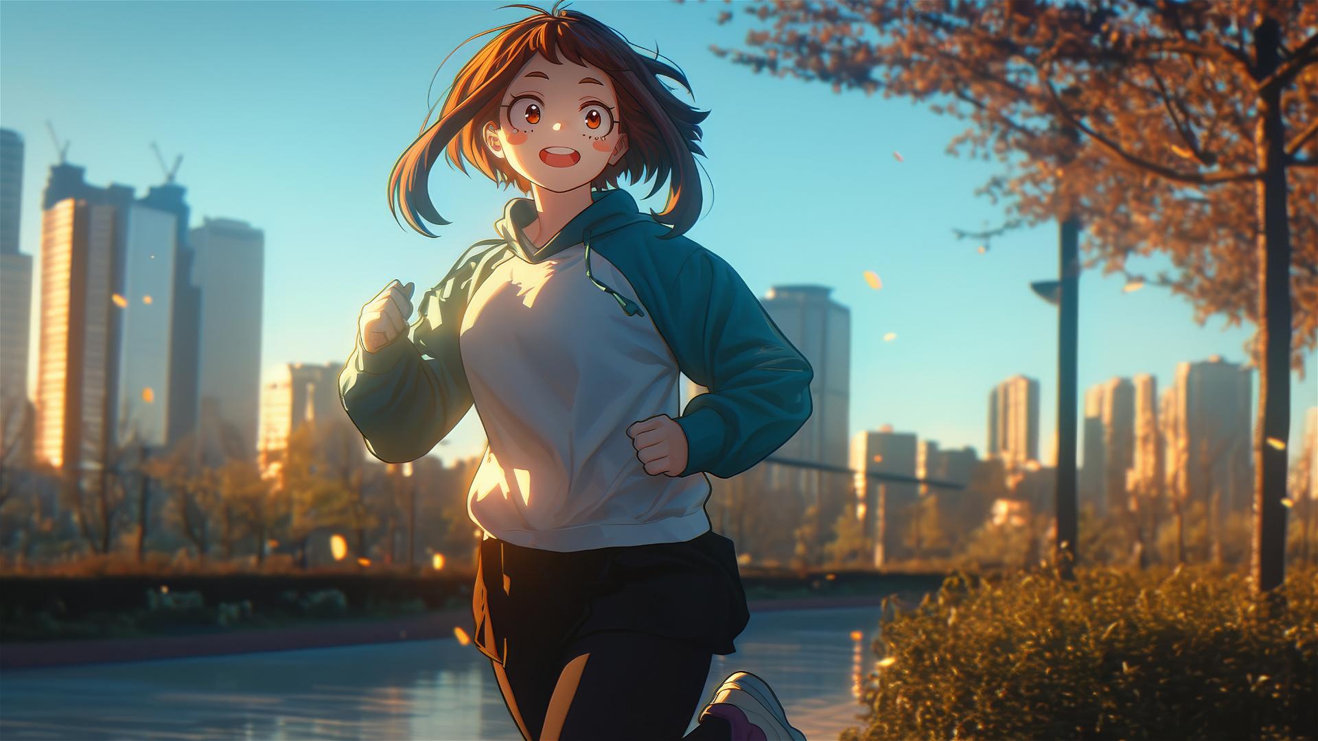 Ochaco Uraraka running at sunrise in a modern park, auburn hair glowing