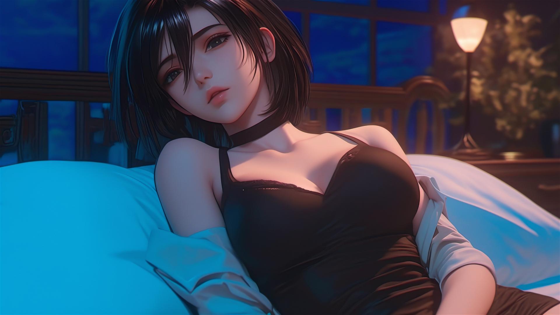 Mikasa Ackerman from Attack on Titan resting in a modern hotel room with moonlight
