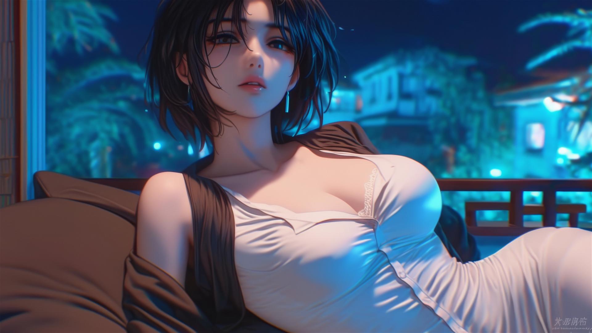 Mikasa Ackerman resting in a hotel room lit by moonlight with rain outside