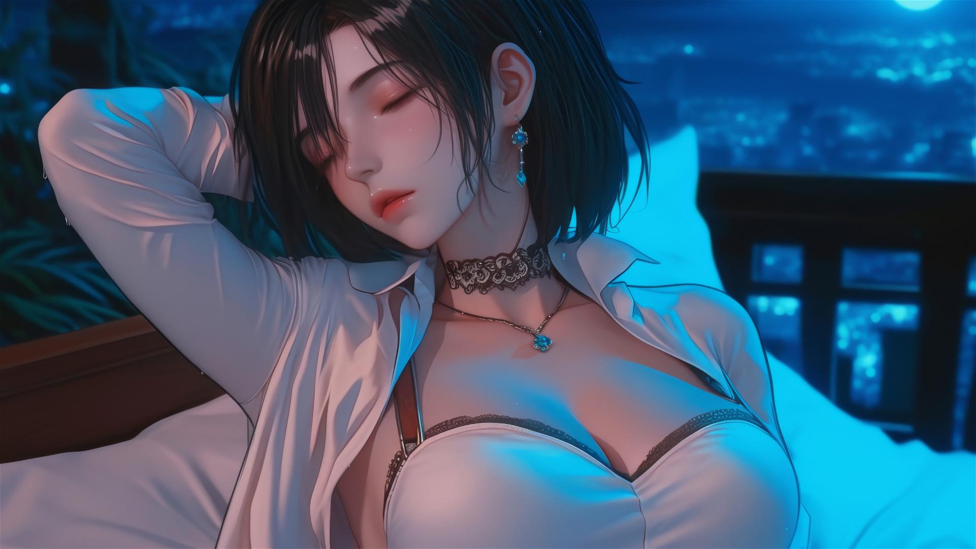 Mikasa Ackerman resting in modern hotel room with moonlight