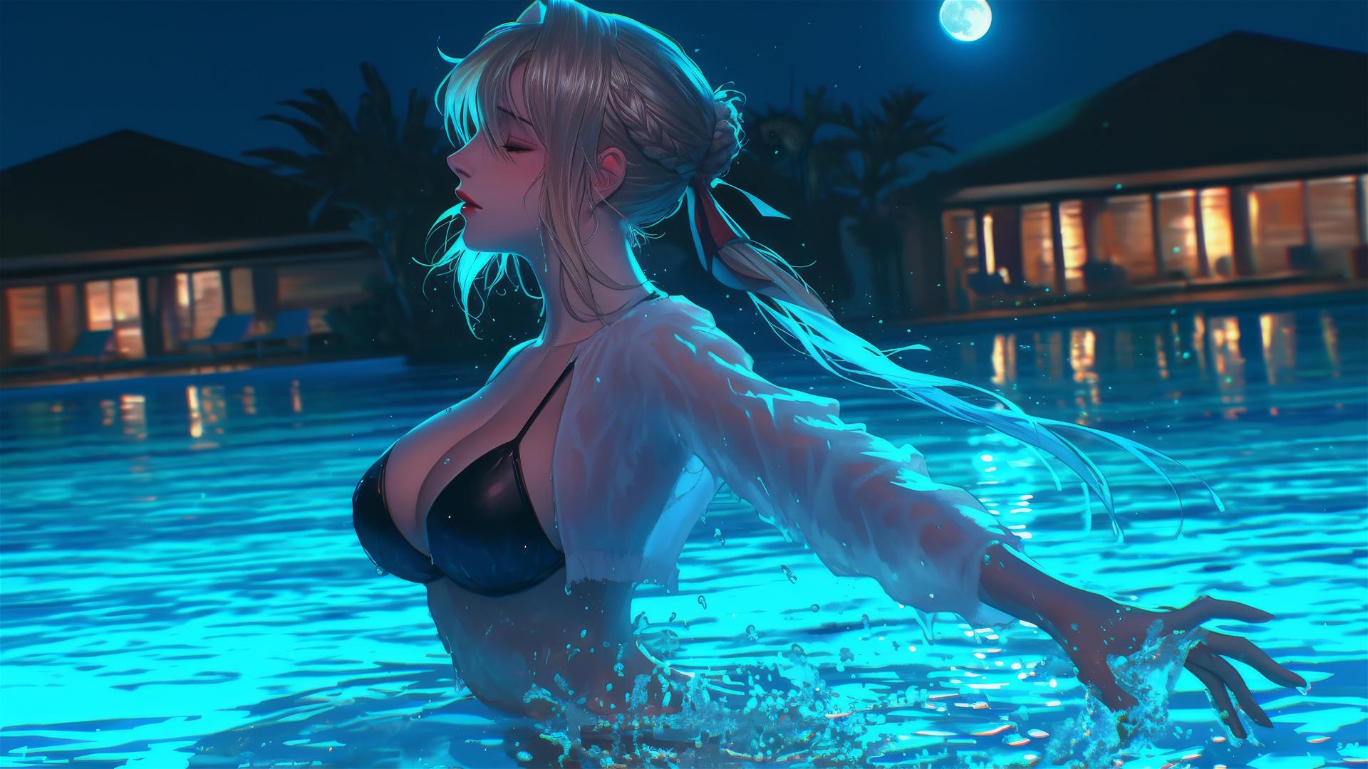 Violet Evergarden jumping out of a swimming pool under moonlight.