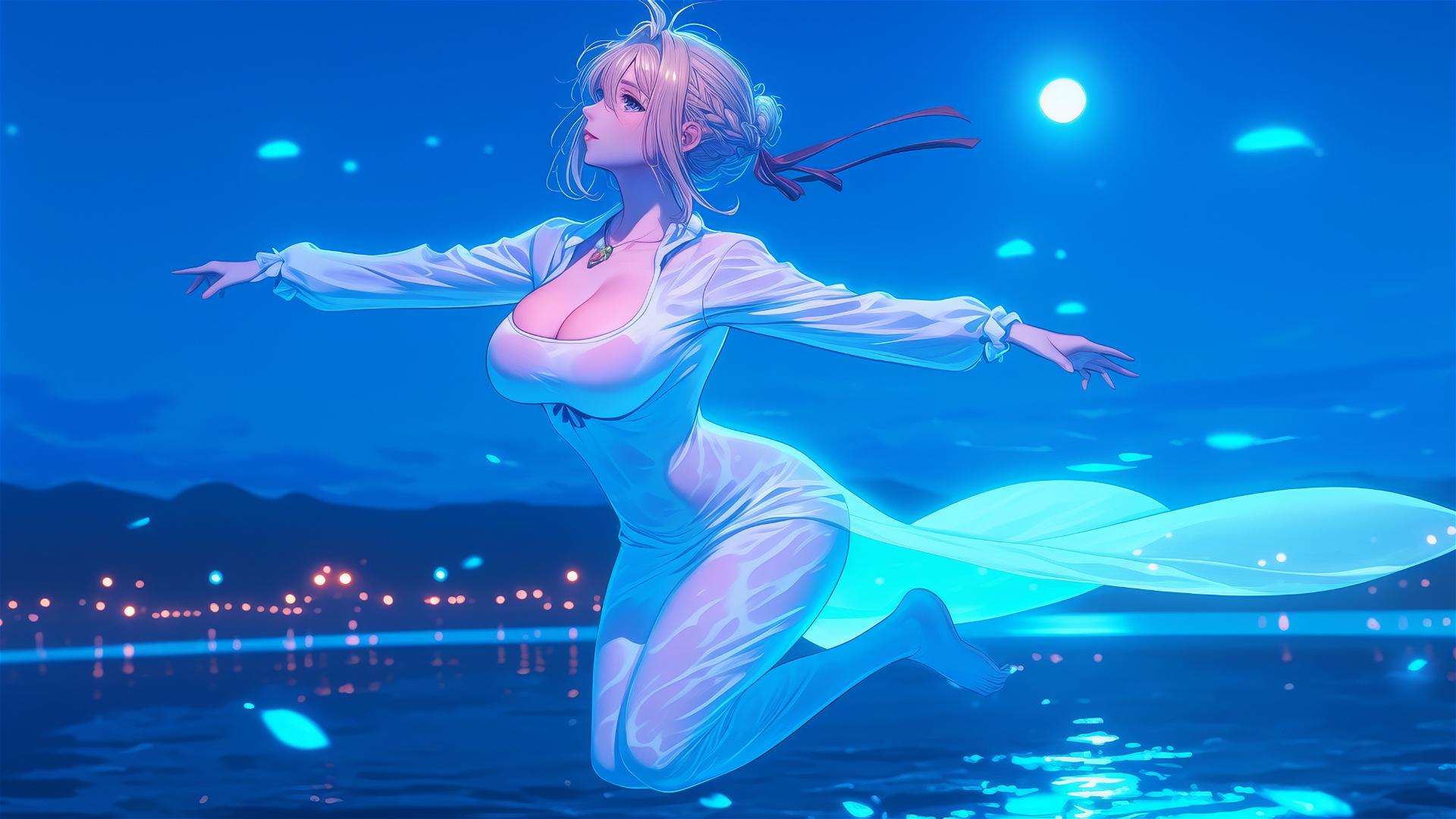 Violet Evergarden jumping out of a swimming pool under moonlight.