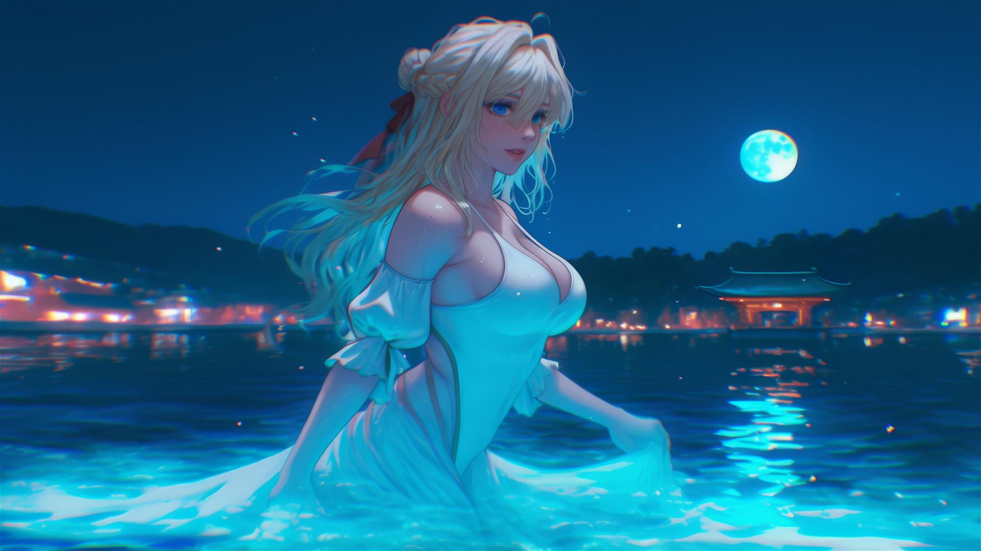 Violet Evergarden emerging from a pool under moonlight