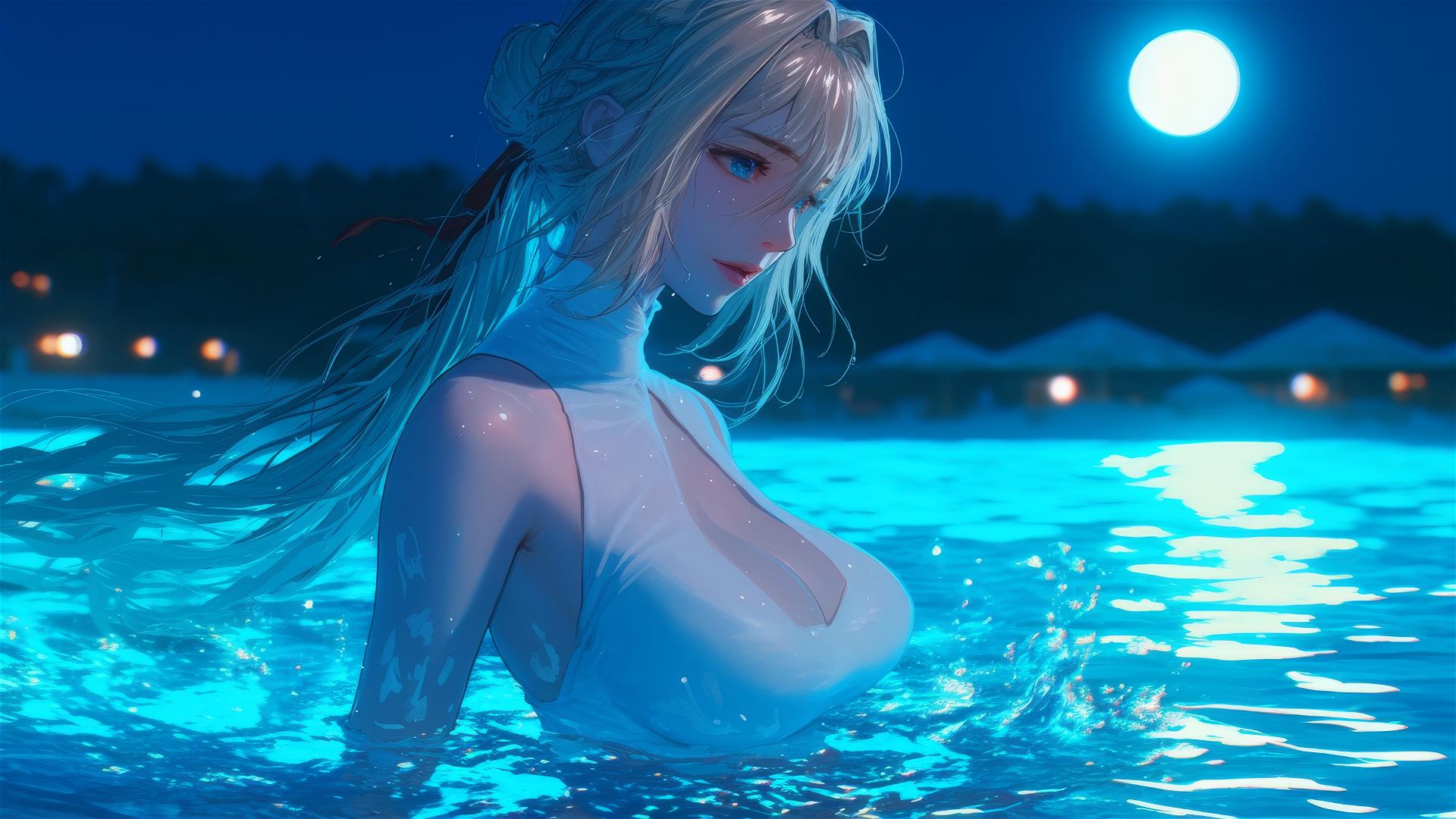 Violet Evergarden jumping out of a swimming pool under moonlight