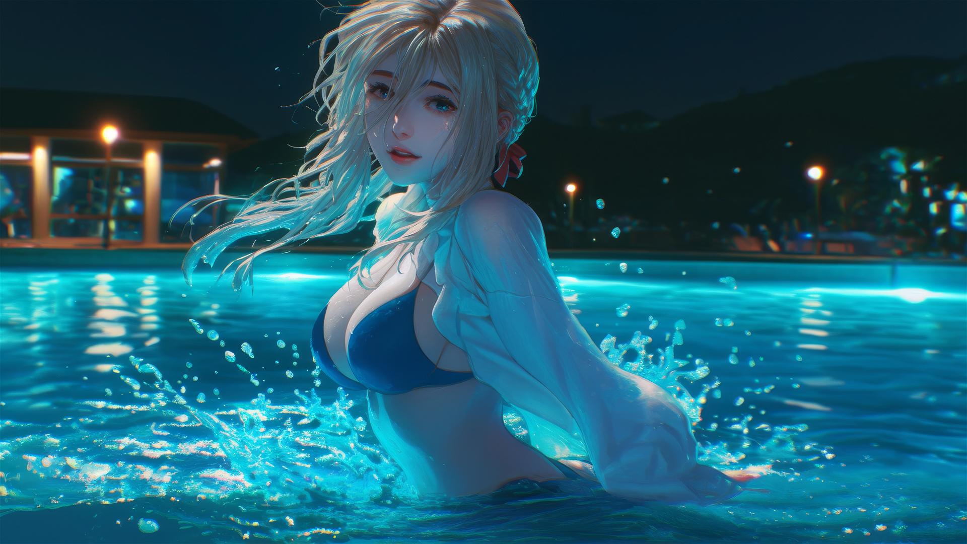 Violet Evergarden jumping out of a swimming pool under moonlight