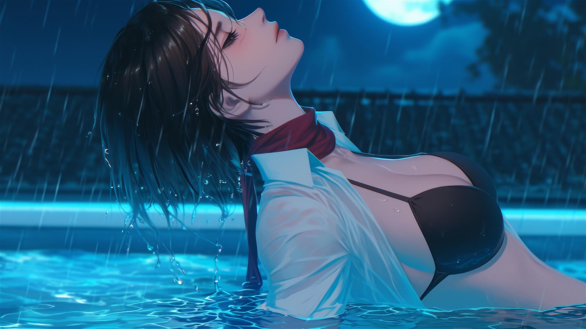 Mikasa Ackerman from Attack on Titan in a moonlit pool