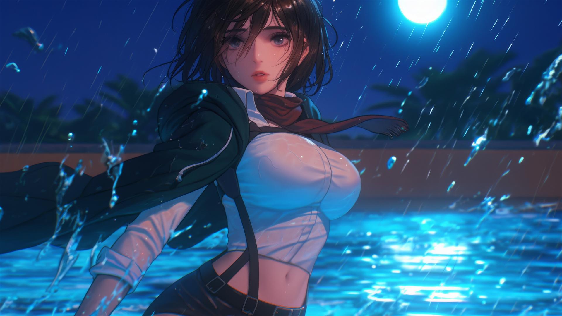 Mikasa Ackerman jumping out of rainy swimming pool, moonlit figure