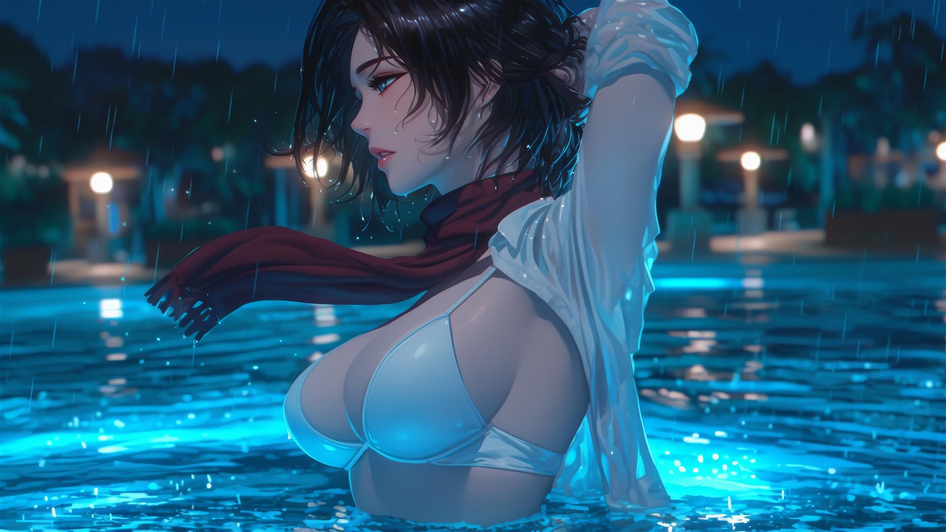 Mikasa Ackerman from Attack on Titan jumping out of a rainy swimming pool under moonlight.