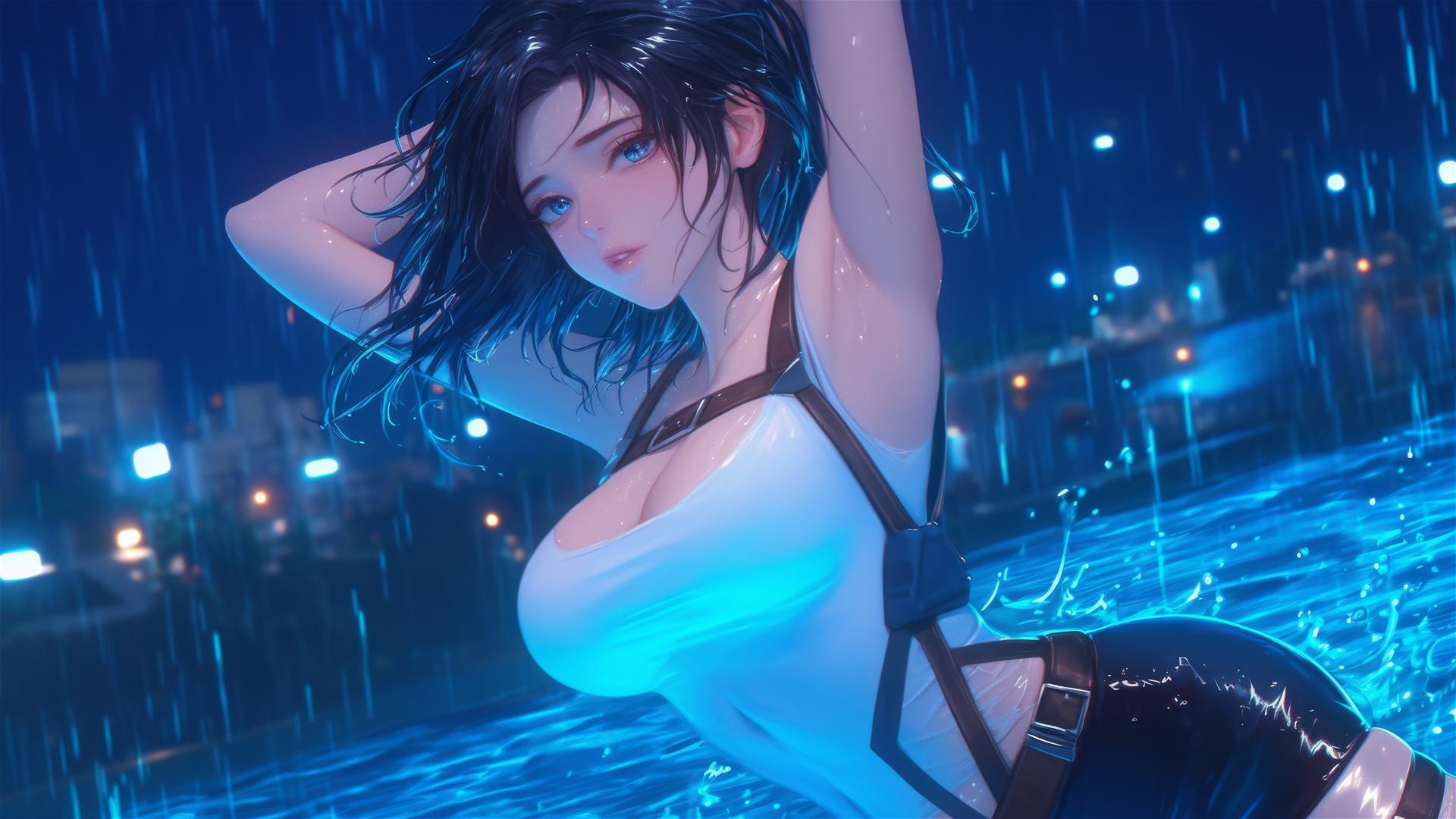 Mikasa Ackerman jumping from a pool under moonlit rain