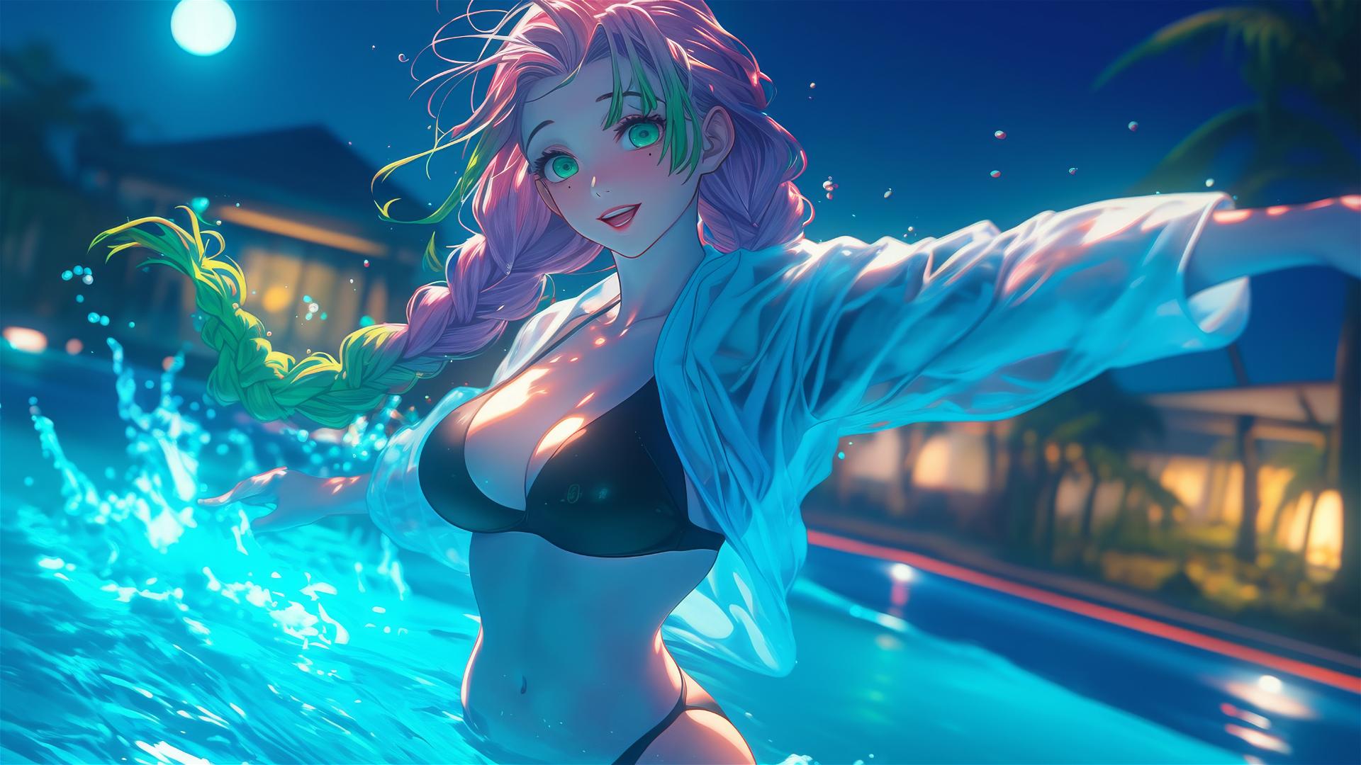 Mitsuri Kanroji from Demon Slayer jumping out of a swimming pool under moonlight.