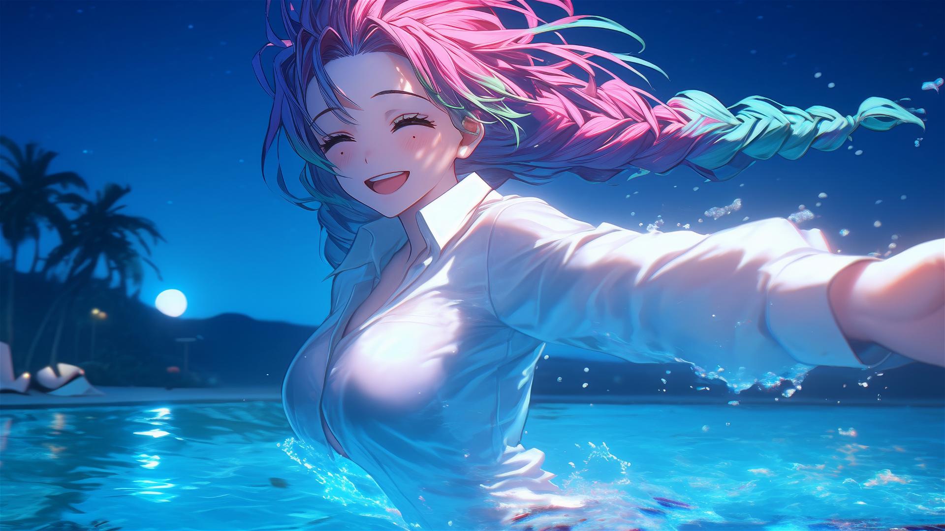 Mitsuri Kanroji from Demon Slayer jumps out of a swimming pool under moonlight, wearing a white office shirt.