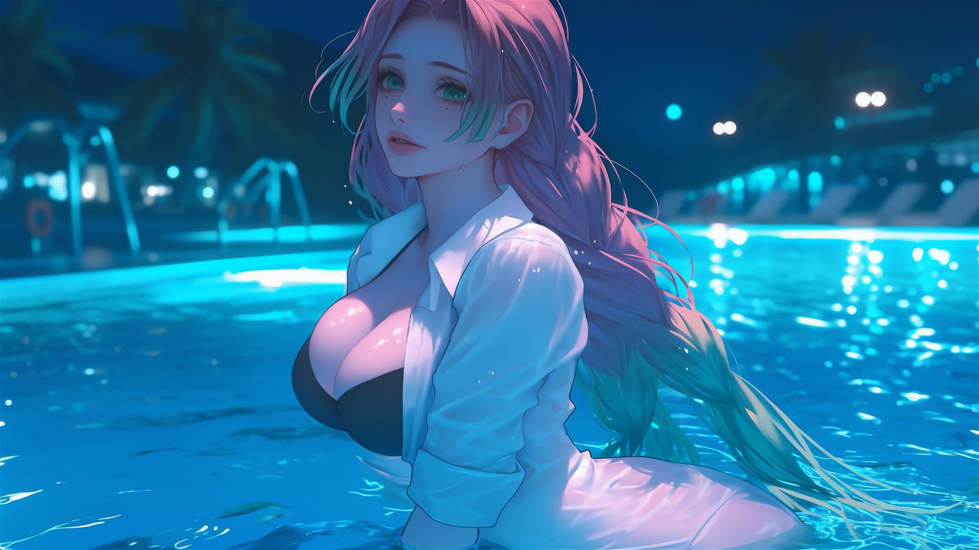 Mitsuri Kanroji jumping from a pool under moonlight with light pink fading to lime green hair