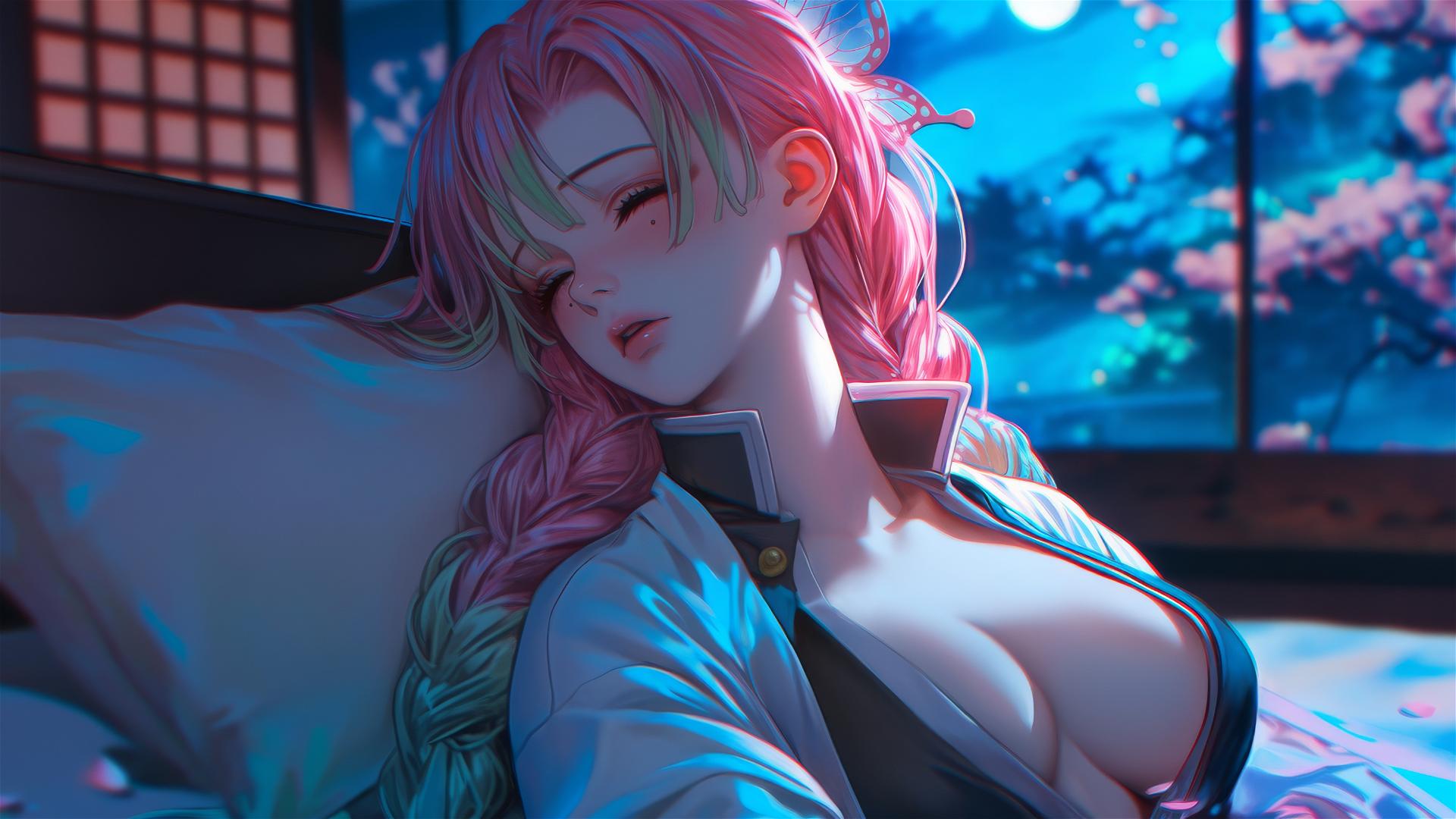 Mitsuri Kanroji resting in a hotel room under moonlight