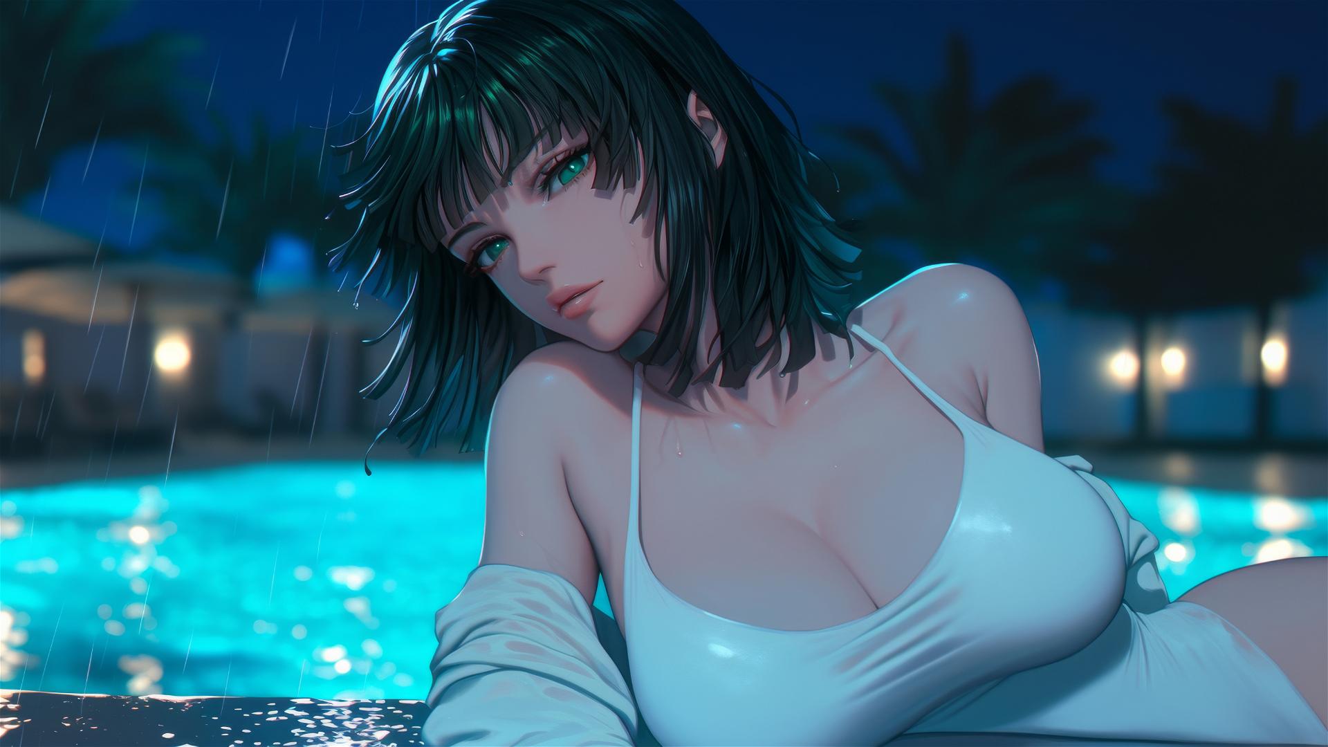 Fubuki from One Punch Man resting at a rainy swimming pool, moonlight glow, dark green bob haircut, light green eyes.