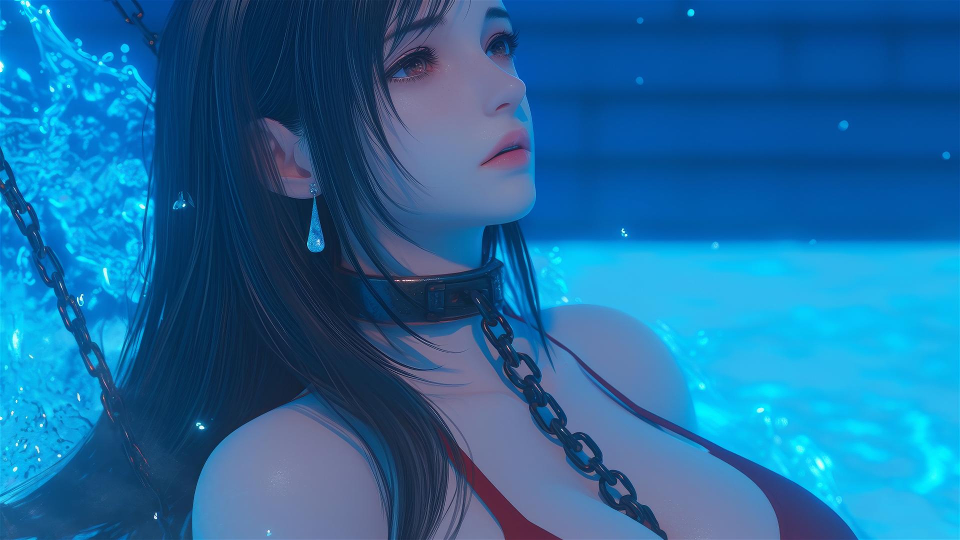 Tifa Lockhart in a modern hotel room, neck locked with thick iron chains, wearing red.