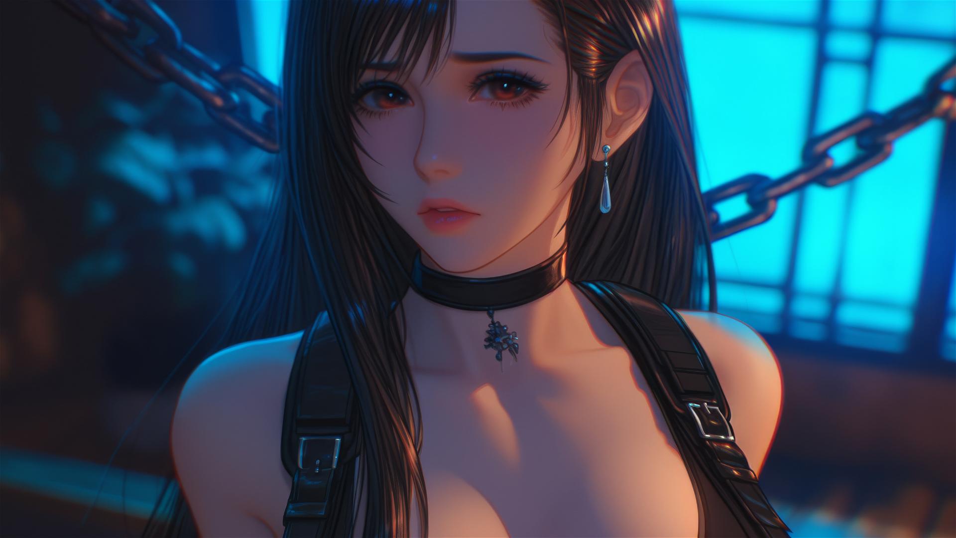 Tifa Lockhart in red imprisoned with iron chains in hotel room