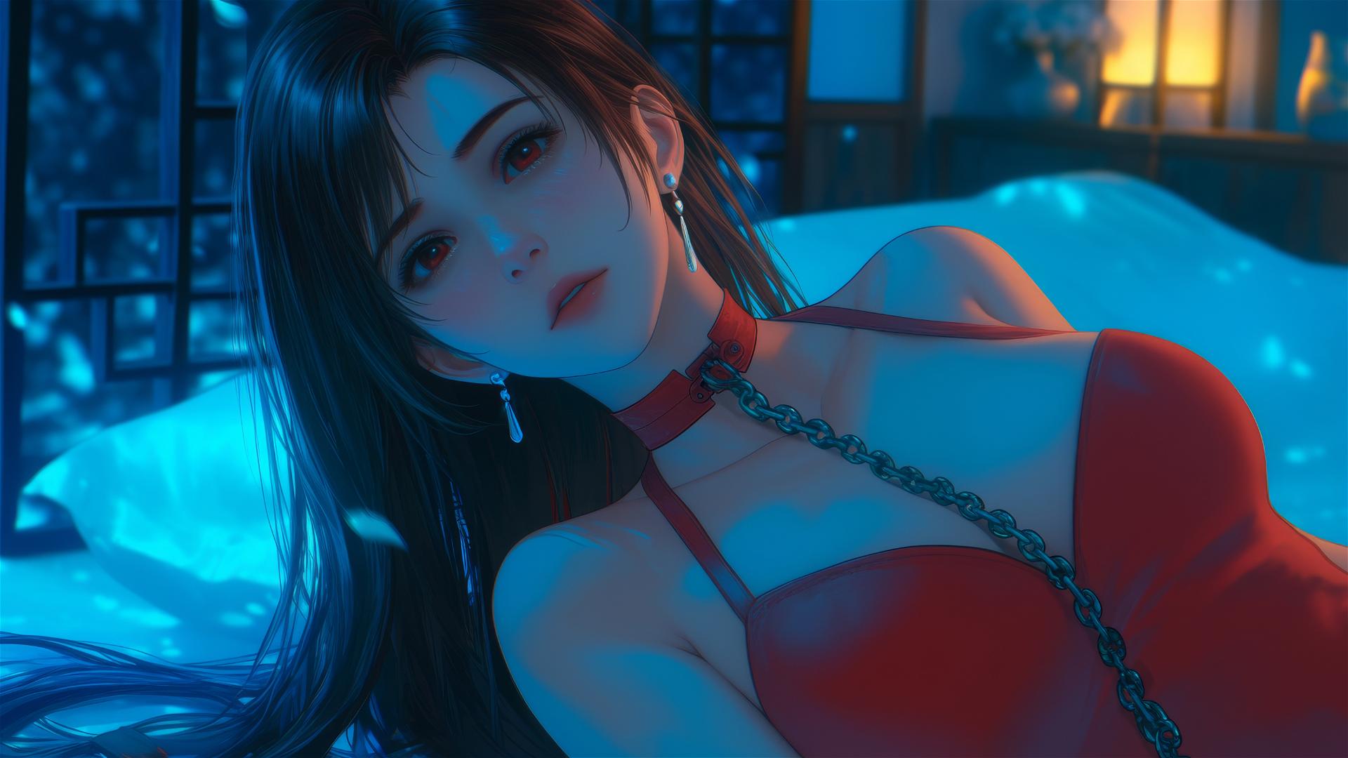 Tifa Lockhart in red, neck locked with thick iron chains, in a modern hotel room with warm light.